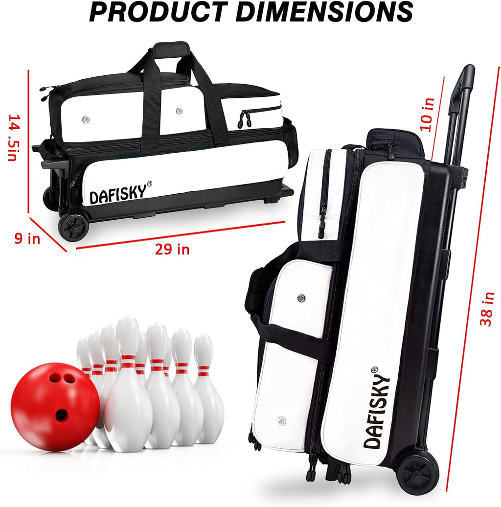 DAFISKY 3 Ball Bowling Bags with Wheels, Roller Bowling Bag with Multiple Pockets Retractable Handle Extends to 38''