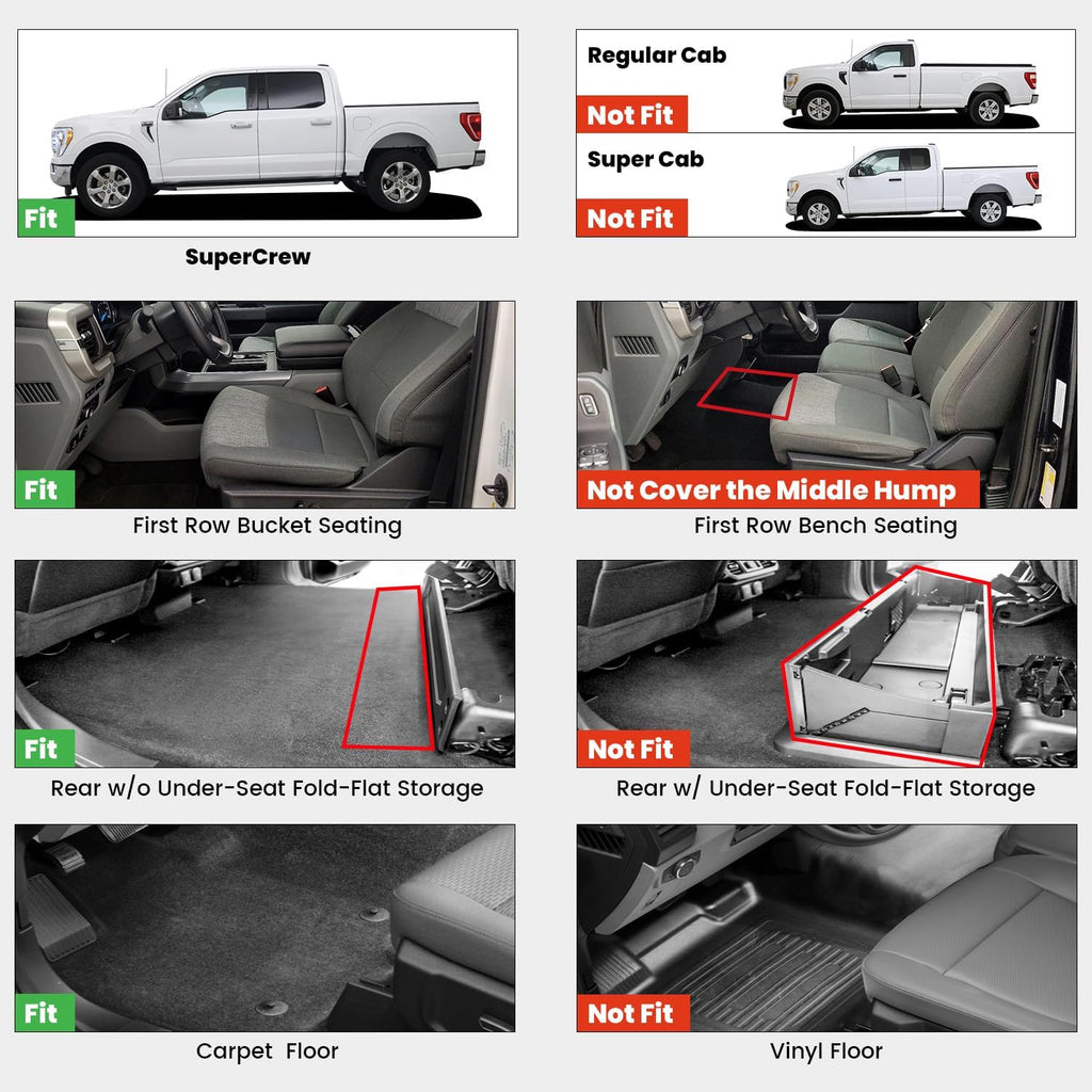 LASFIT Floor Mats for Ford F-150 2015-2026 | F150 Lightning 2022-2025 SuperCrew (Rear w/o Fold Flat Storage) Carpet Floor All Weather Protector TPE Truck Liners- 1st & 2nd Row, 3pcs Black