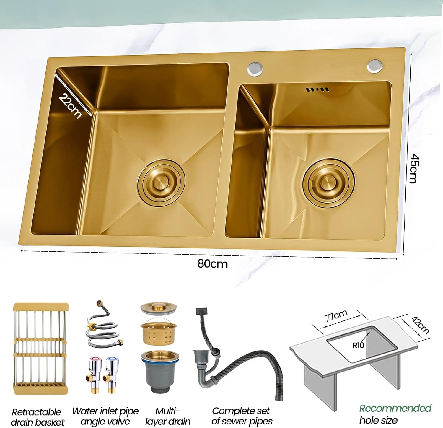 Stainless Steel Double Bowl Kitchen Sink, Drop-In Workstation Sink, With Retractable Drain Basket, Drain Sets Included, Large Undermount Farmhouse Sink, Top-Mount Kitchen Bar Sink(B,80x45x22cm)