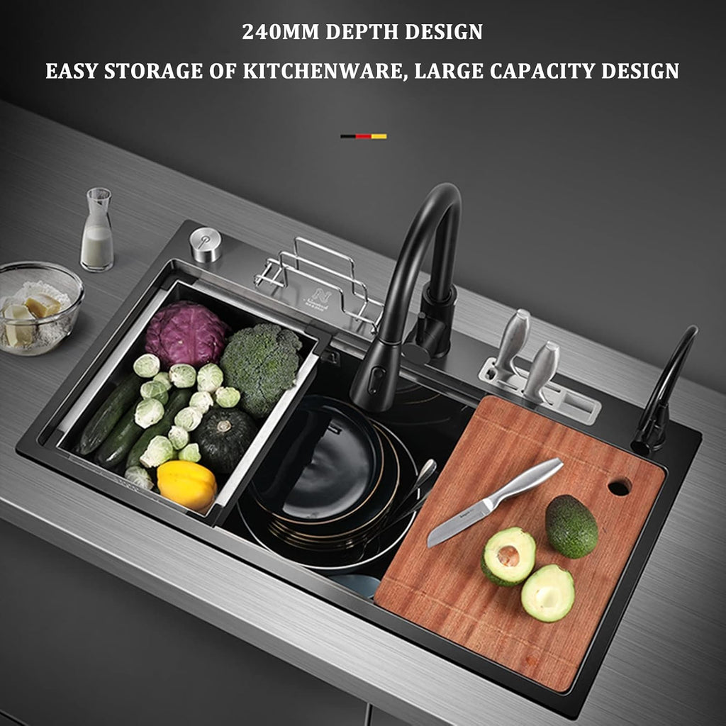 304 Stainless Steel Single Bowl Kitchen Sink Multifunctional Ladder Type Bar Sink RV Sink with Pull-Out Faucet Top Mount Or Undermount (Color : Black, Size : 80x45x24cm)