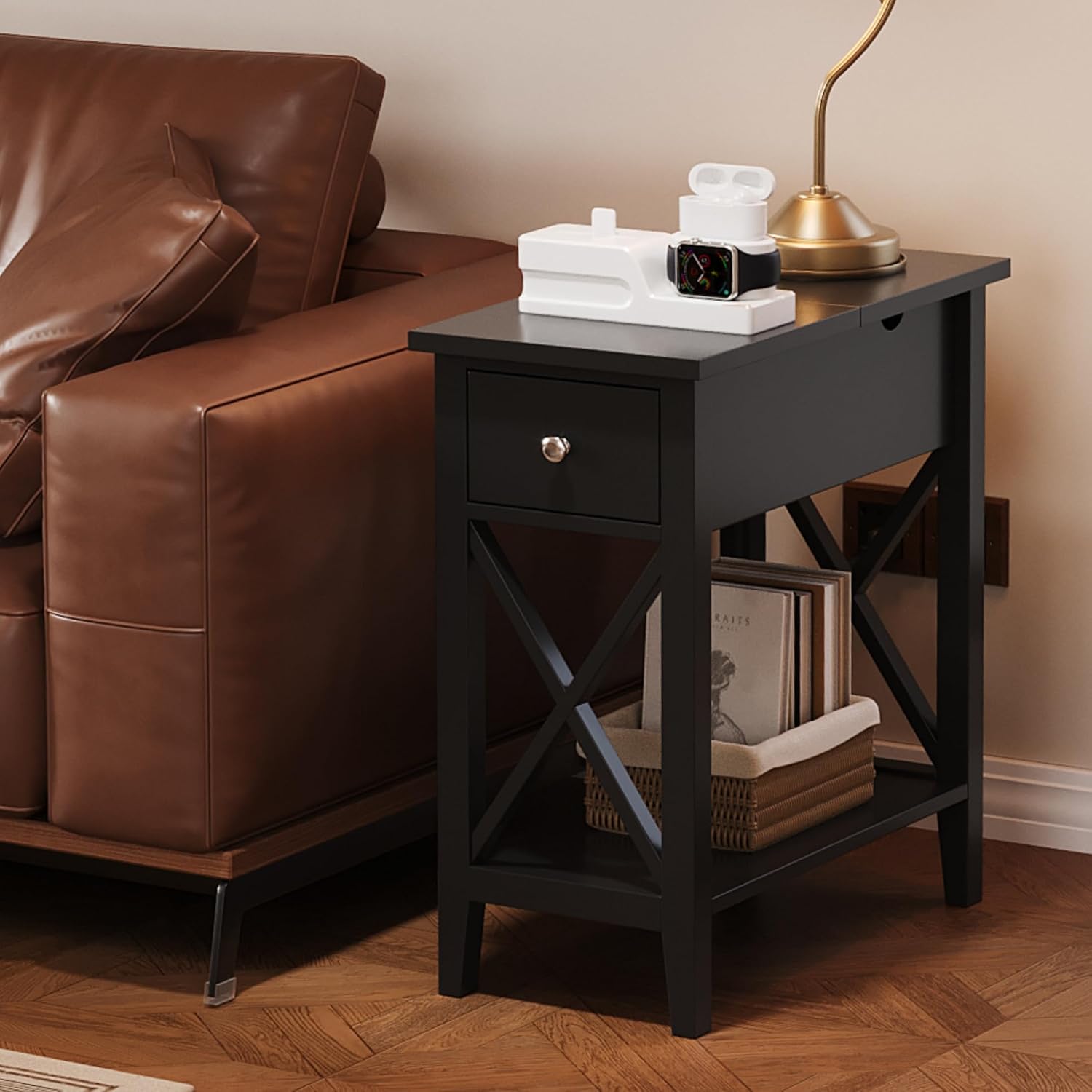 ChooChoo End Table Set of 2, Flip Top Narrow End Table with Drawer, Accent Small Side Table Nightstand for Living Room, Bedroom, and Small Spaces, Blcak