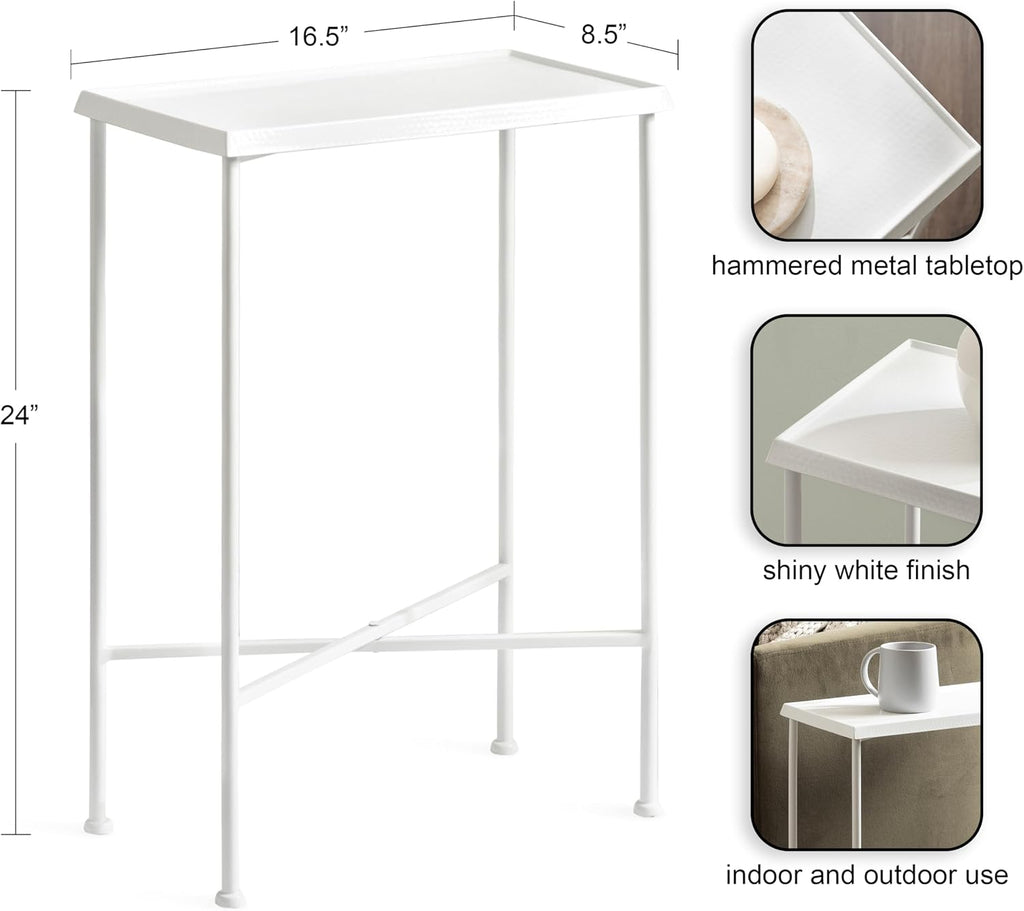 Kate and Laurel Sanzo Transitional Metal Skinny Side Table, 17 x 9 x 24, White, Rectangular Slim Bedroom Nightstand with Hammered Tabletop for Use as Bedside Accent or Living Room End Table
