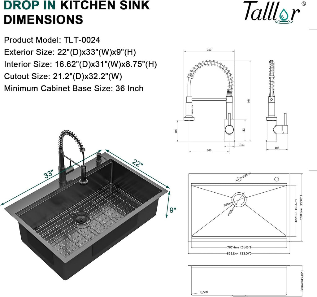 Drop In Kitchen Sink - 33x22 Drop In Gunmetal Black Kitchen Sink with Faucet Combo Workstation NANO-PVD 16 Gauge Stainless Steel Topmount Single Bowl Sinks Round Corners #TL-FDOE00097