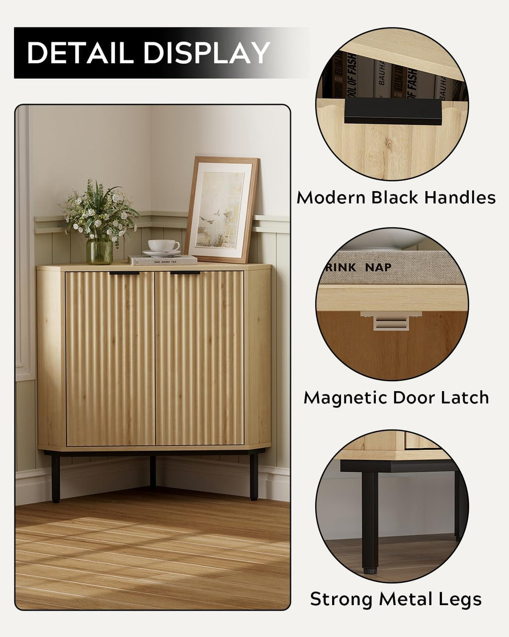 Modern Corner Cabinet, Fluted Wood Floor Storage Cabinet with Adjustable Shelf, Freestanding Narrow Organizer for Living Room Kitchen, Light Oak