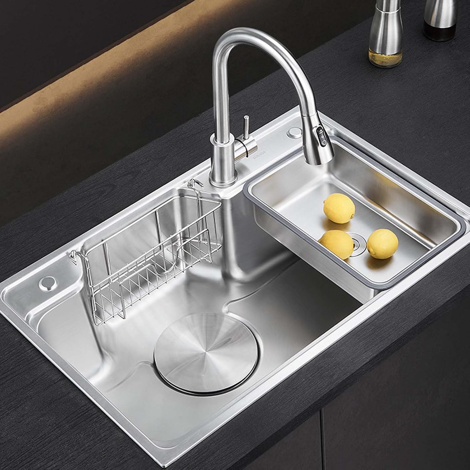 80x48cm Stainless Steel Kitchen Sink, Single Bowl Kitchen Sinks, Top Mount Kitchen Sink Drop-in, 3-Hole Farmhouse Workstation Sink for Laundry, Yard, Office(70x48cm