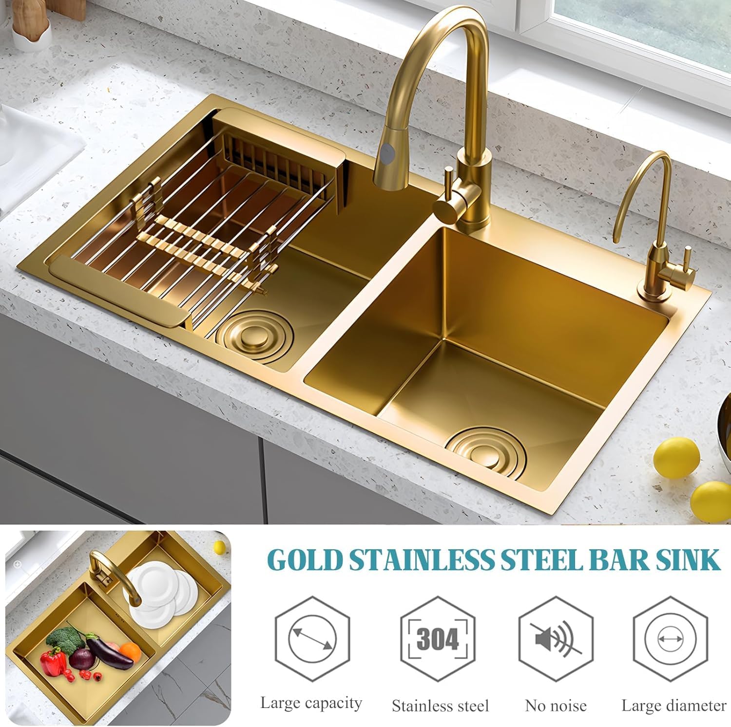 Gold Double Bowl Kitchen Sink, Stainless Steel Nano-Coated, Double Basin Sink, Drop-in Undermount with Gold Sink Stopper Drain Strainer 78 * 43cm