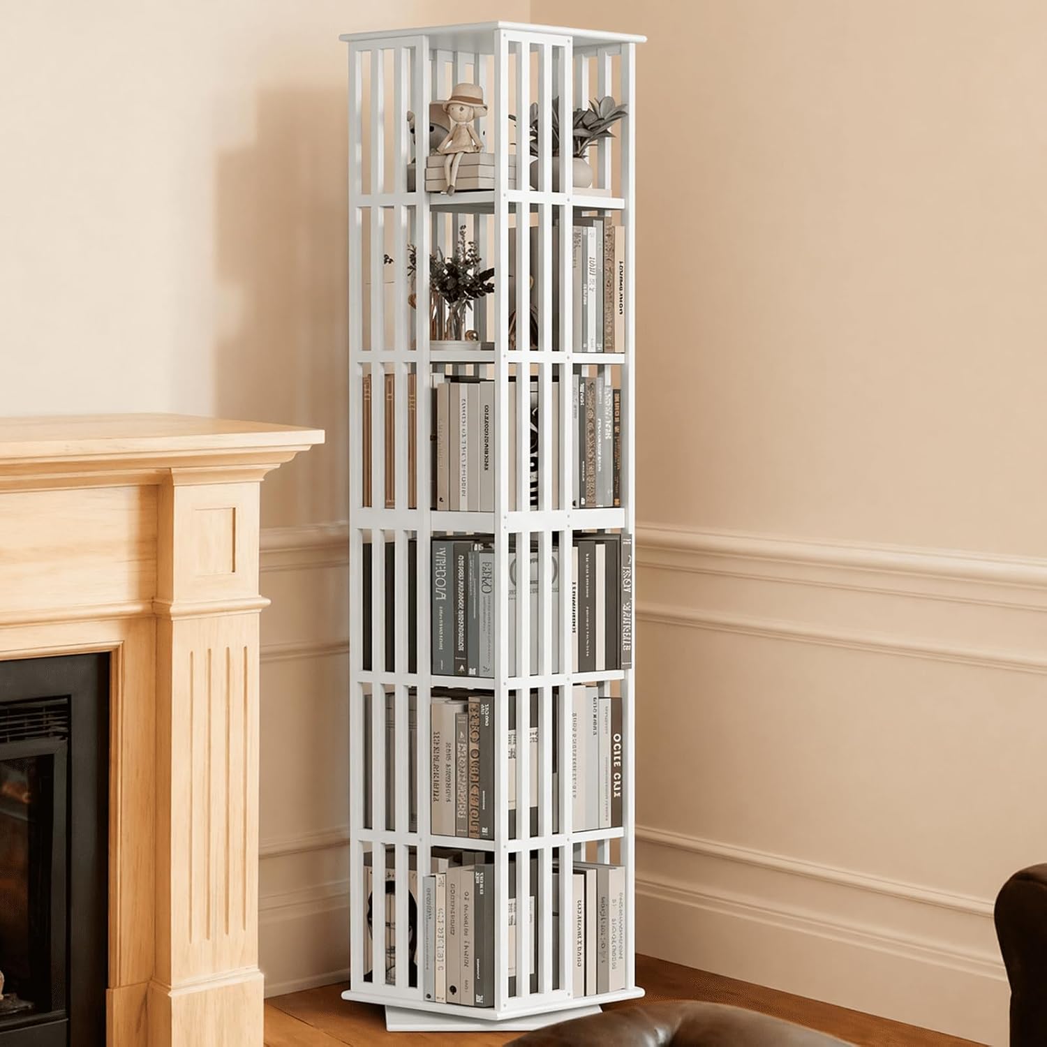 Lauxery Rotating Bookshelf Tower– 6 Tier 360° Bamboo Spinning Book Shelves| Space-Saving Tall Square Revolving Bookcase for Small Space, Living Room, Bedroom & Office | White Corner Bookshelf