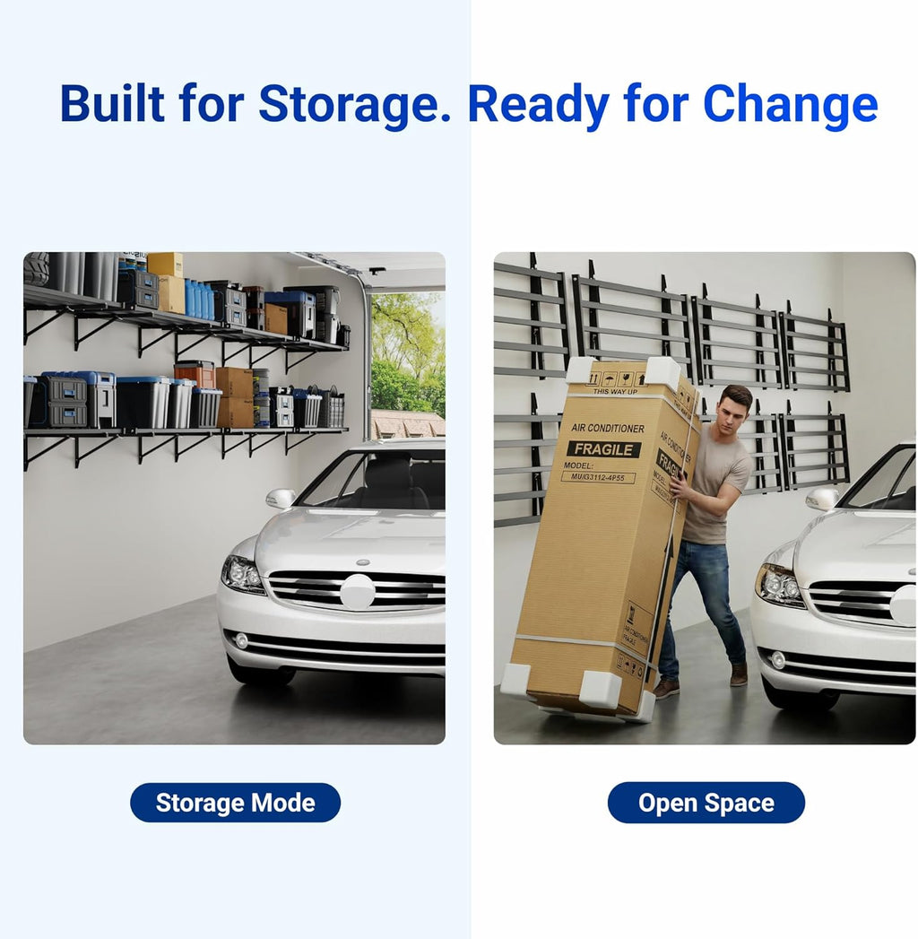 FLEXIMOUNTS Fold-Down 2x4ft Garage Wall Shelving, 4-Pack Heavy Duty Folding Garage Shelving Wall Mounted, 600 lbs Capacity, Storage for Power Tools, Garden Supplies & Seasonal Storage, Lite Series