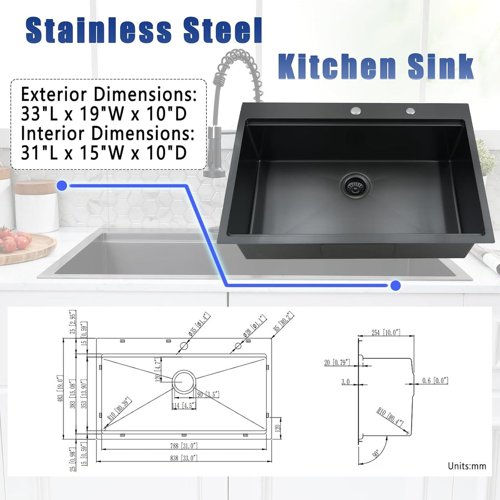 33x19 Black Drop In Kitchen Sink with Faucet - 33 Inch Drop In Kitchen Sink Workstation, 10 Inch Deep Black Stainless Steel Single Bowl Sinks with Accessories