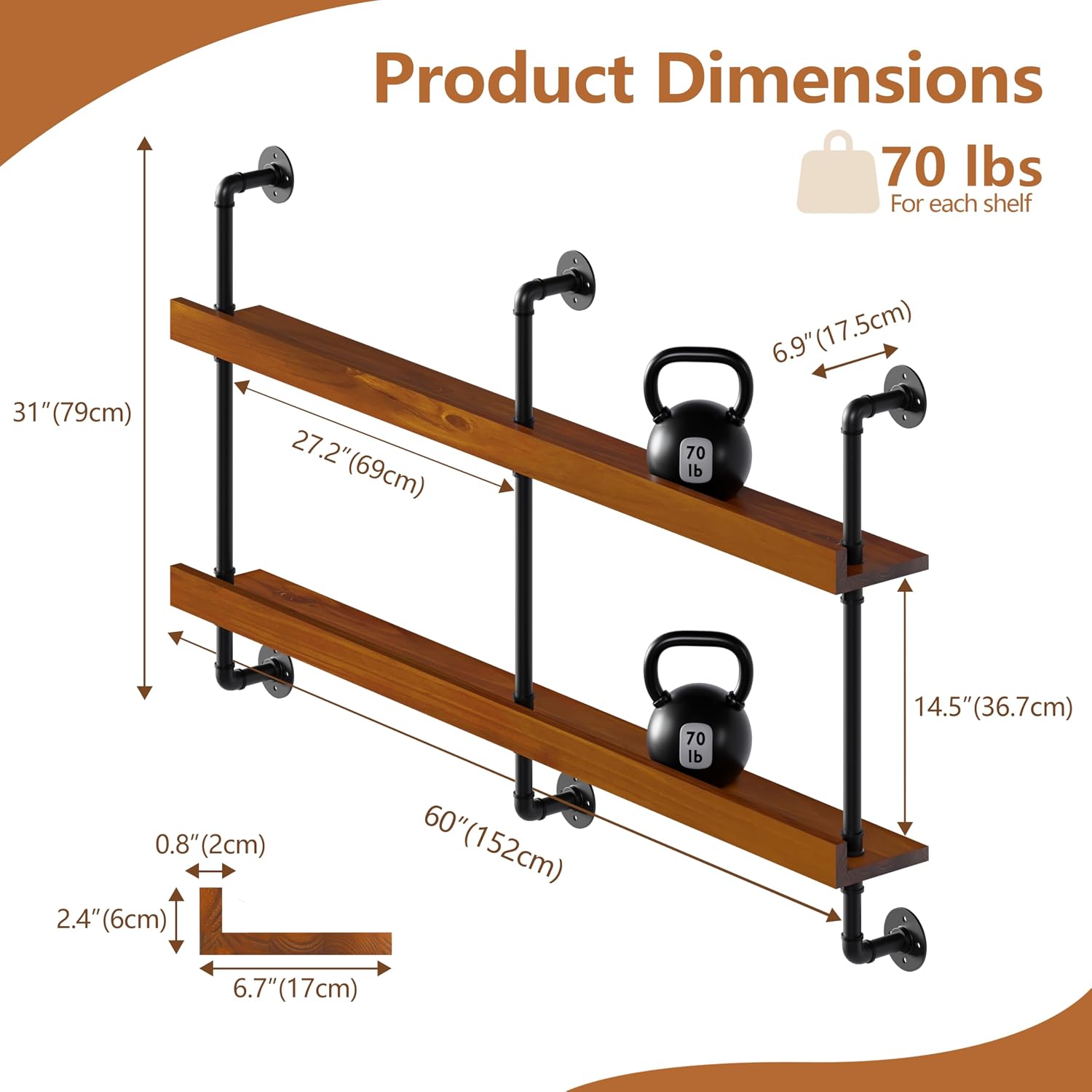 Wall Mounted Wine Rack with LED Light, LED Industrial Pipe Wine Shelf, 2-Tier Hanging Bottle Rack, Bar Storage Shelf for Bottles (Walnut Brown, 60')