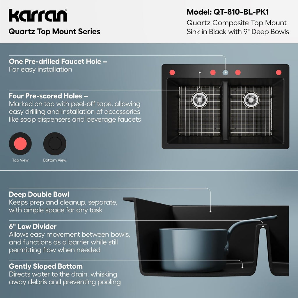Karran QT-810 33' Top Mount Double Equal Bowl Quartz Kitchen Sink Kit in Black