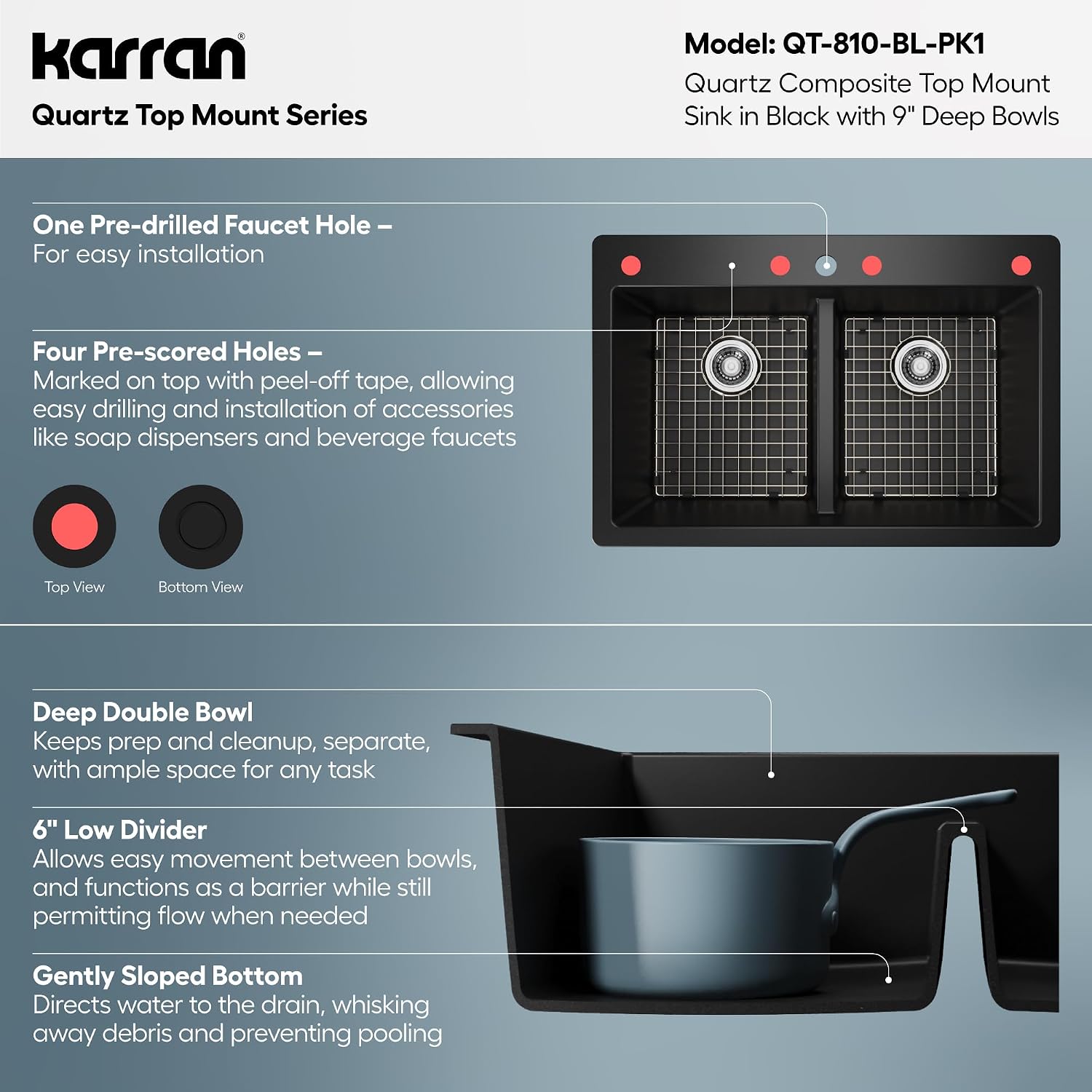 Karran QT-810 33' Top Mount Double Equal Bowl Quartz Kitchen Sink Kit in Black