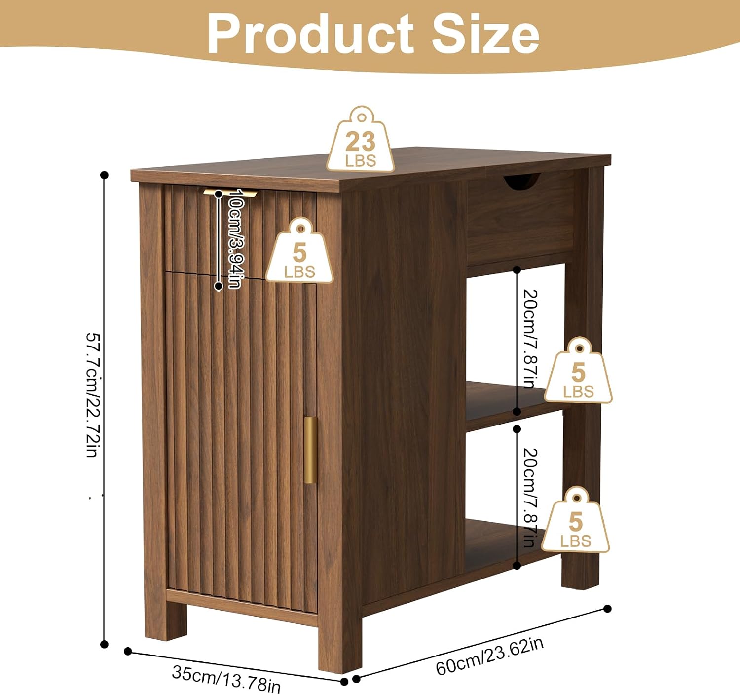 End Table with Charging Station 24'' Nightstand with Charging Station Vintage Side Table with Storage Wooden Sofa Side Table and Outlets Bedside Table for Living Room Office Bedroom (Brown)