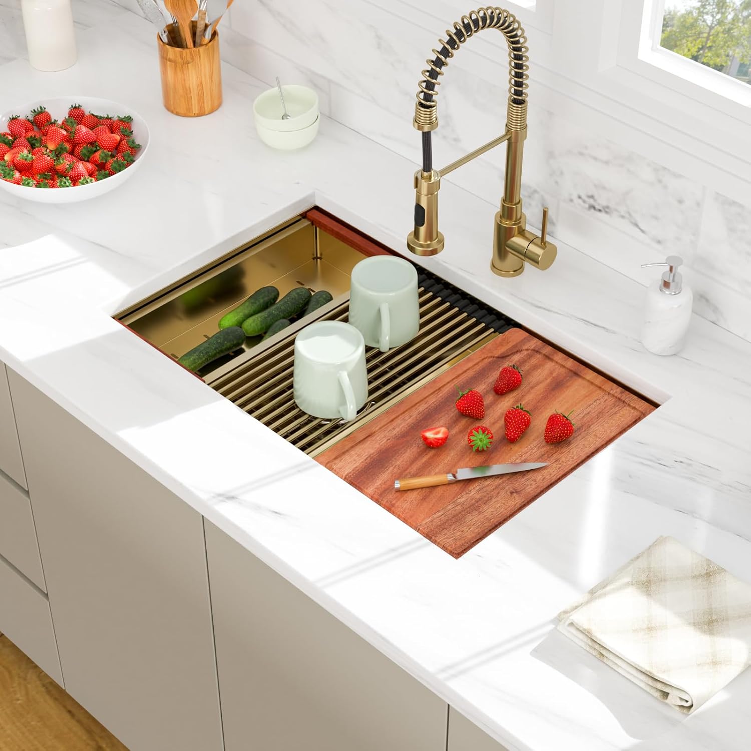 30 Inch Gold Undermount Kitchen Sink, 30x19 50/50 Double Bowl Workstation Sink, 16 Gauge T304 Heavy Duty Stainless Steel Low Divide Golden Kitchen Sink with Gold Accessories