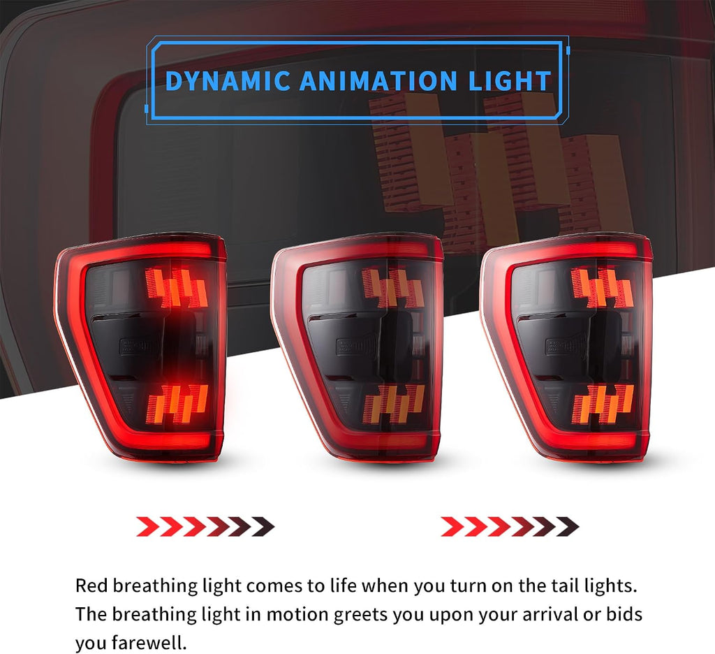 VLAND Led Tail Lights Compatible with 14th Gen Ford F150 2021-2023, Rear Lights w/Dynamic Animation Indicator (Smoke)