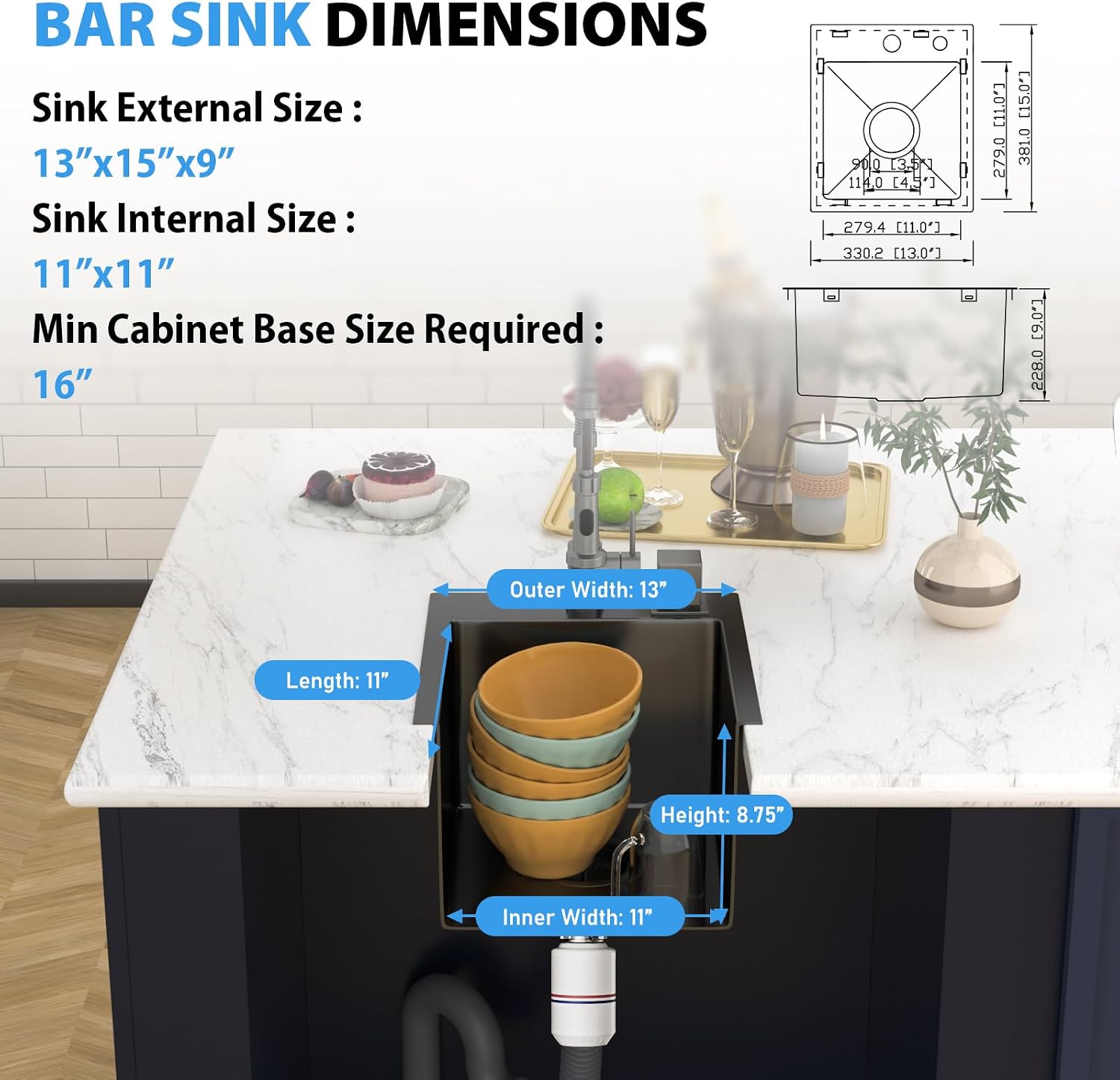 13 In Gunmetal Black Drop Bar Sink 13 x 15 Inch Kitchen Sink 18 Gauge Stainless Steel Single Bowl Topmount Handmade Sink for Outdoor, RV, 13x15x9