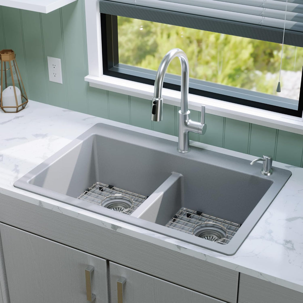 Karran QT-810 33' Top Mount Double Equal Bowl Quartz Kitchen Sink Kit in Grey