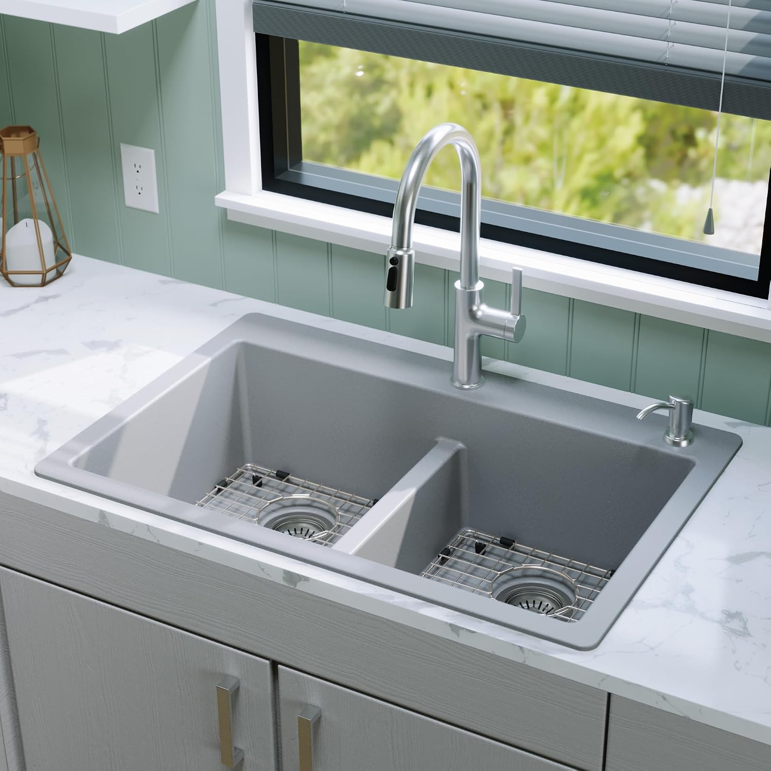 Karran QT-810 33' Top Mount Double Equal Bowl Quartz Kitchen Sink Kit in Grey