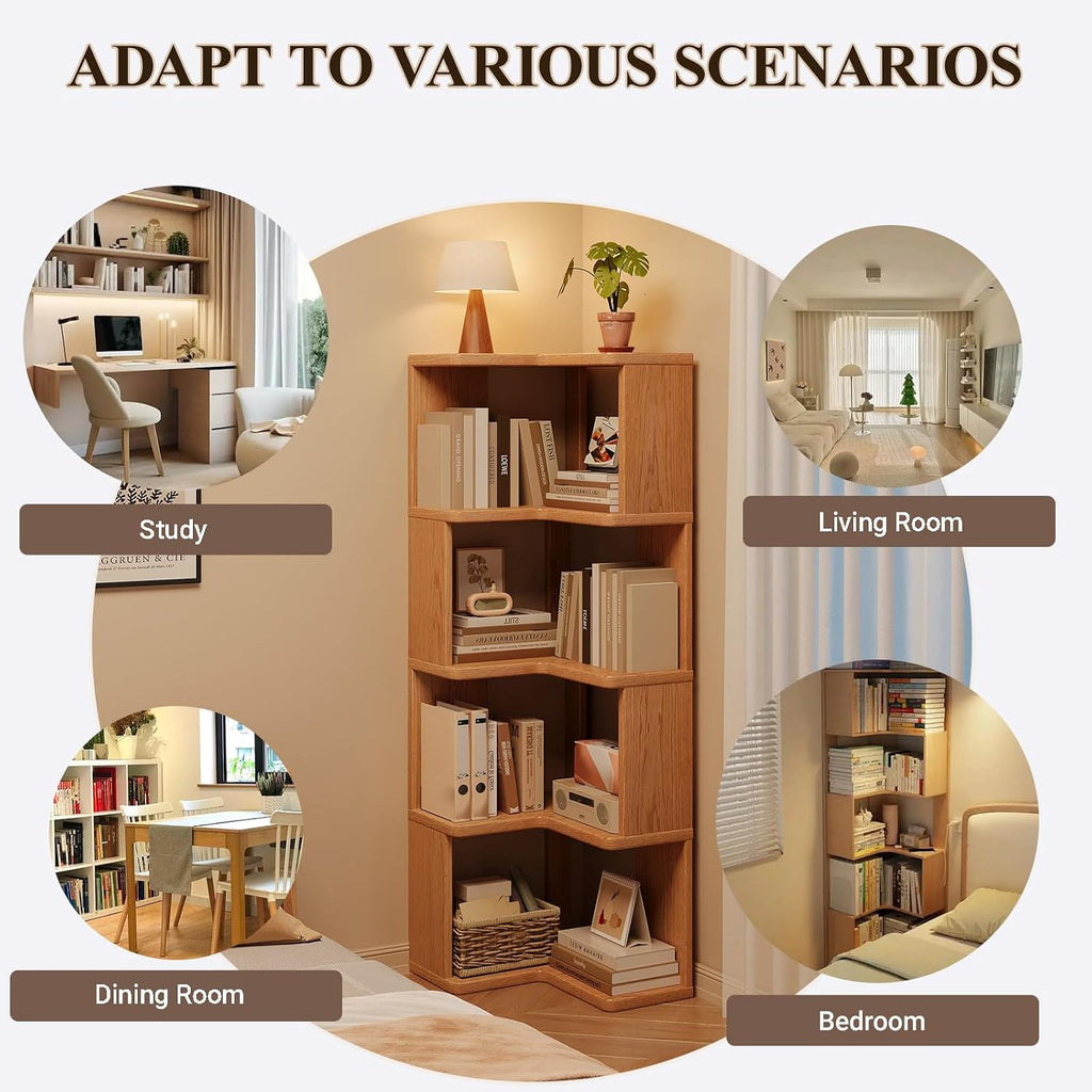5-Tier L-Shaped Bookshelf, Wooden Tall Corner Shelf with Open Shelf Units, Decorative Display Storage Shelves for Living Room Bedroom Study Office, (Wood Grain)