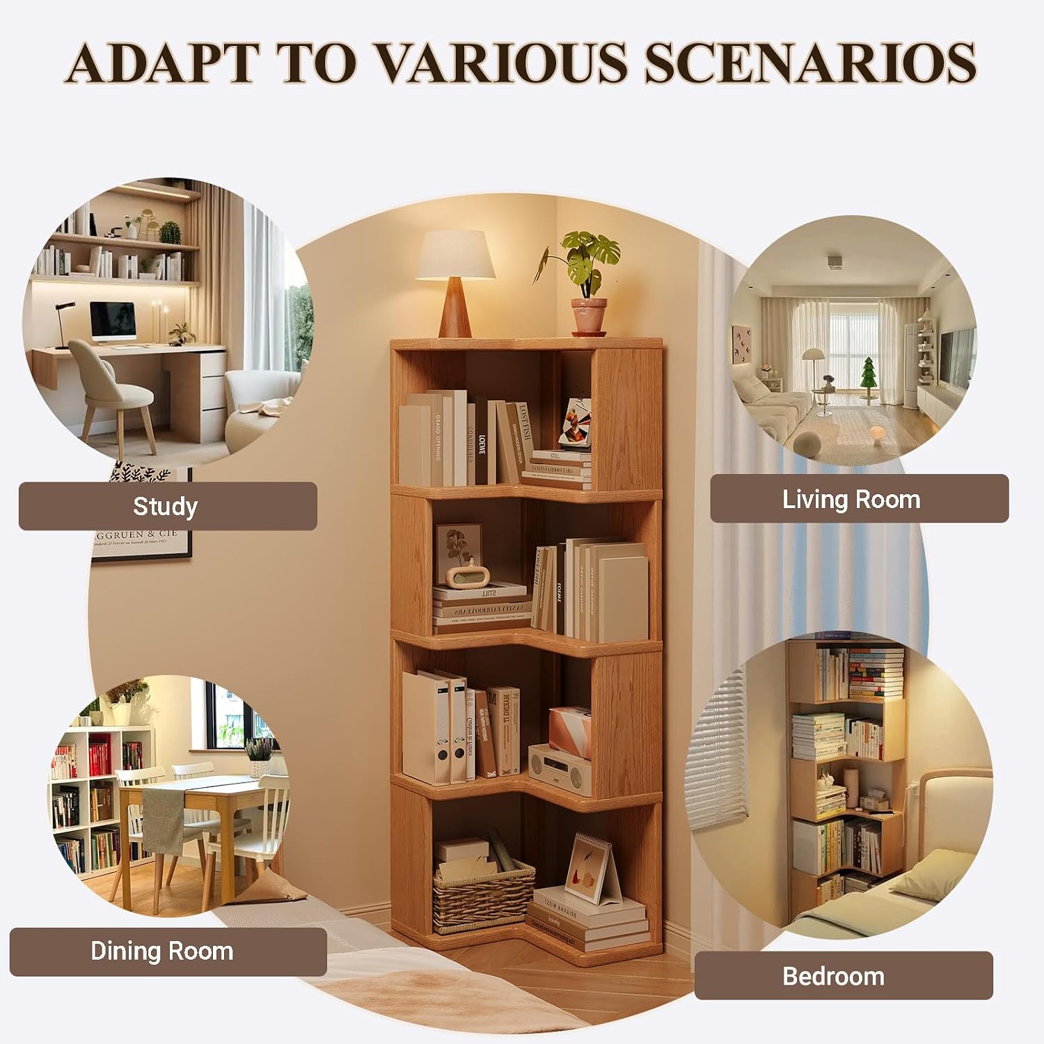 5-Tier L-Shaped Bookshelf, Wooden Tall Corner Shelf with Open Shelf Units, Decorative Display Storage Shelves for Living Room Bedroom Study Office, (Wood Grain)