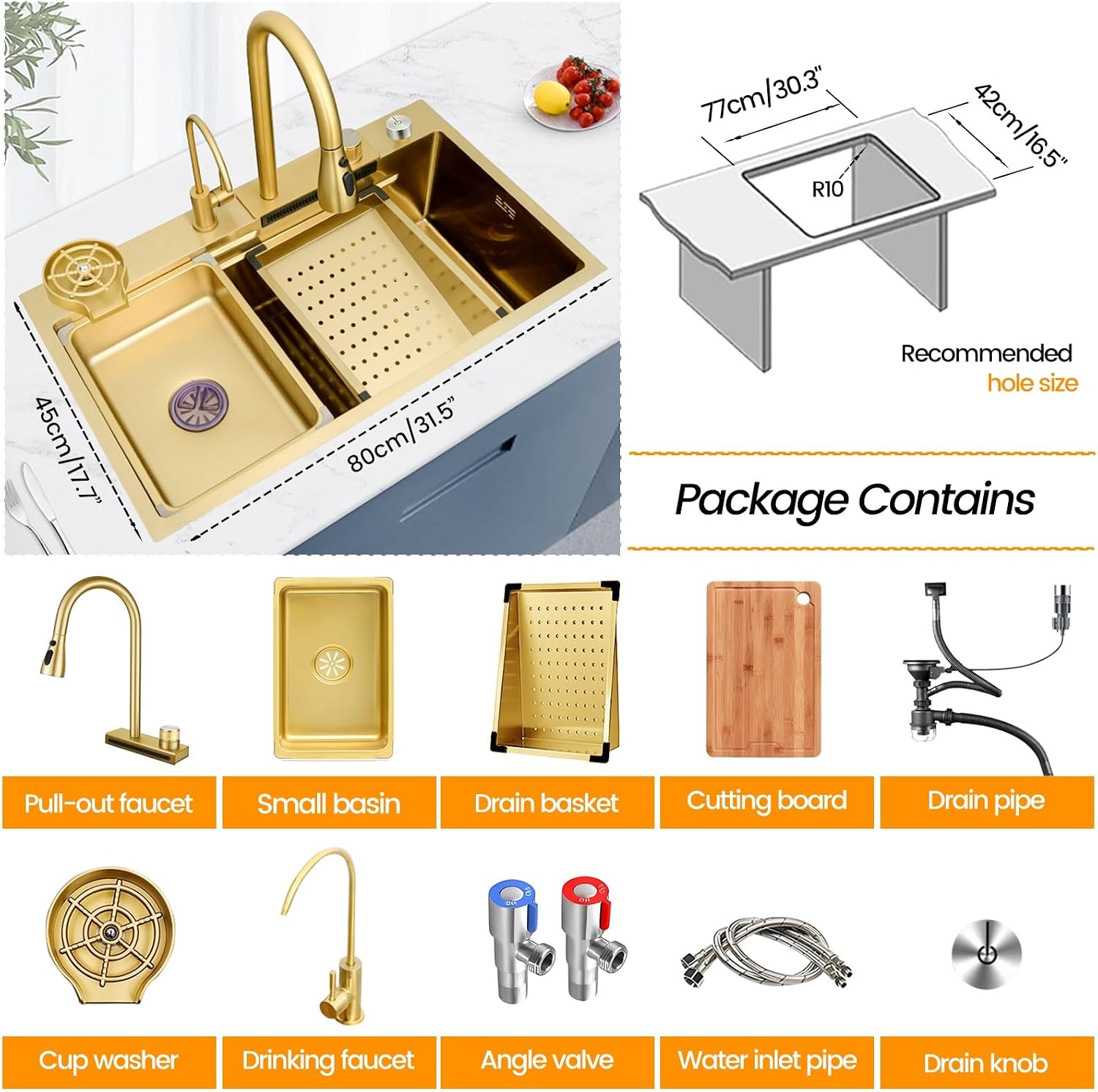 Gold Stainless Steel Single Bowl Kitchen Sink With Drainer, Drop In/Undermount Large Workstation Sink, Includes Pull Out Faucet, Cup Washer, Basin, Drain Basket, Full Waste Kit(Gold,80x45x22cm)