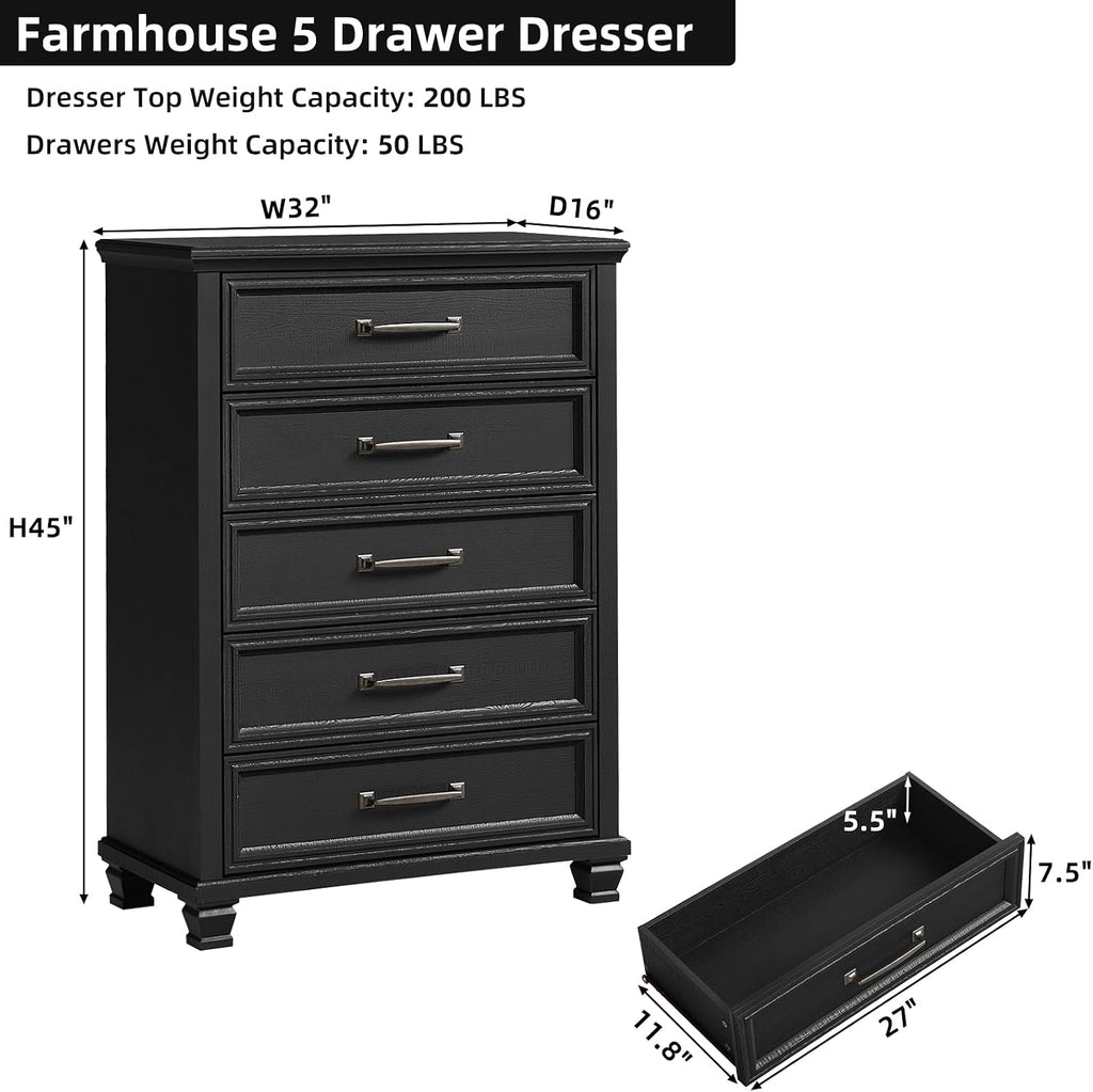 SAVOR LIFE Farmhouse Chest of Drawers for Bedroom, 45' Tall Dresser for Closet, Rustic Wood Dressers for Bedroom, Hallway, Entryway, Black
