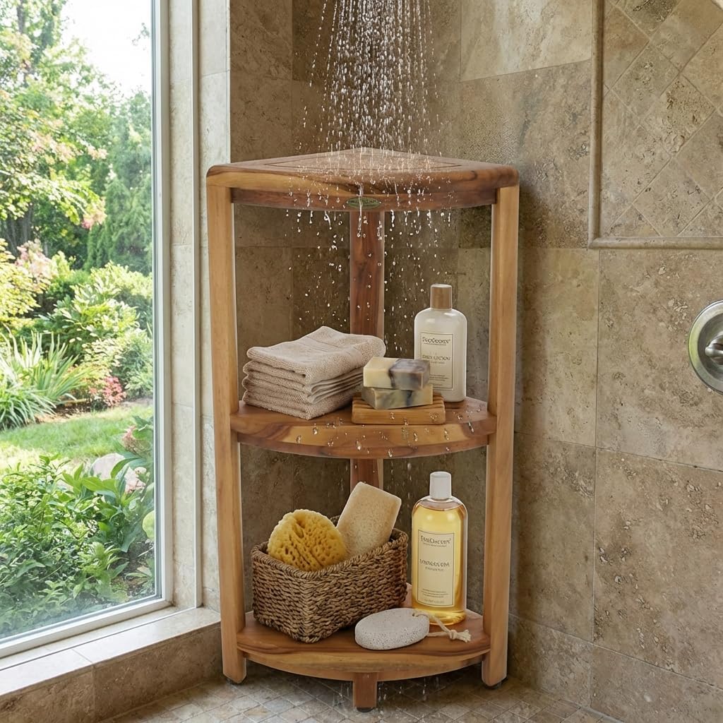 EcoDecors SnazzyCorner Natural Teak Corner Shower 3 Tier Shelf – Bathroom Organizer | Natural Wood Colors | Waterproof Teak Shower Caddy | Bathroom Storage & Organization | 33 Inches Tall