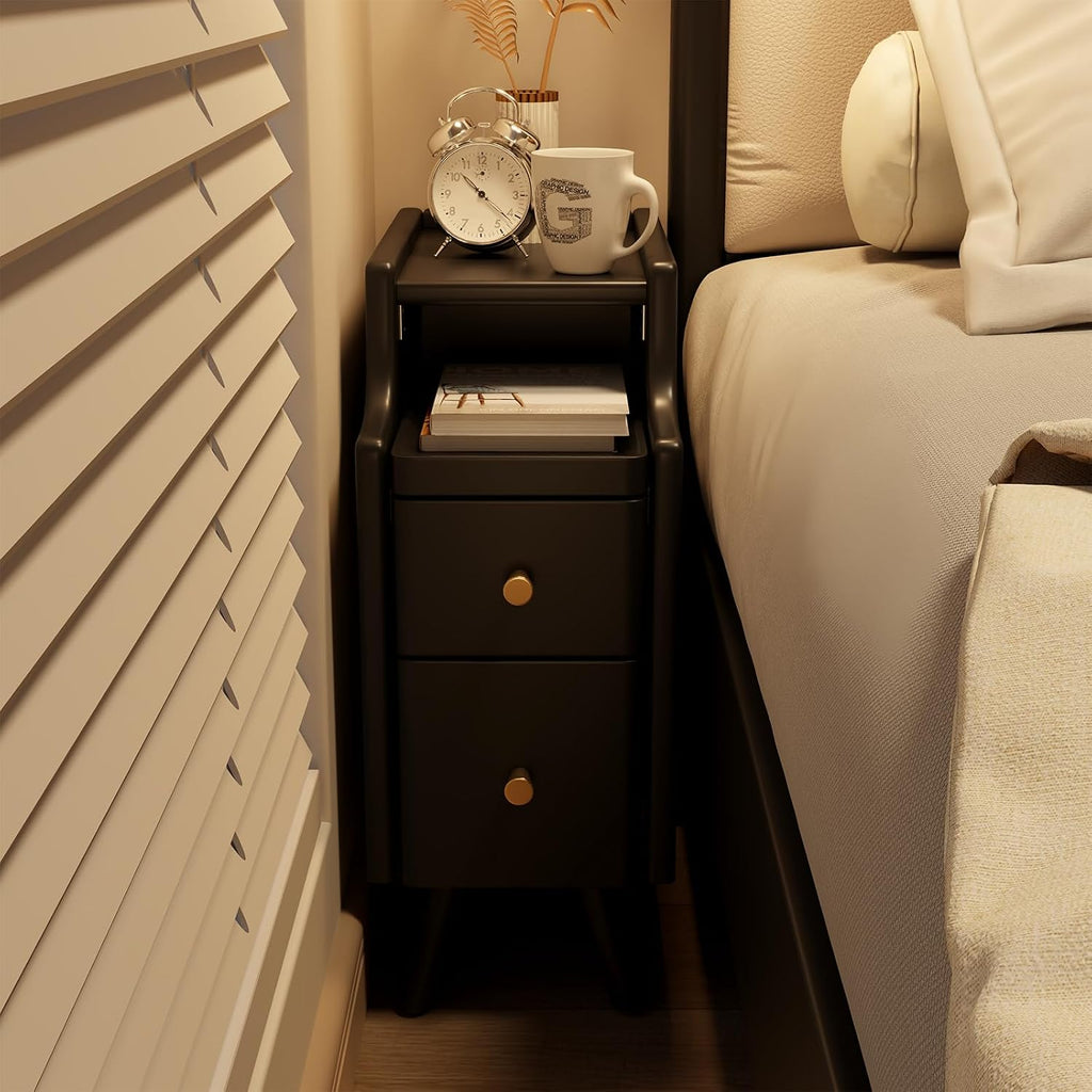 AQIMUELE Small Nightstand with Drawers, Solid Wood Narrow Bedside Table, Narrow Nightstand for Bedroom