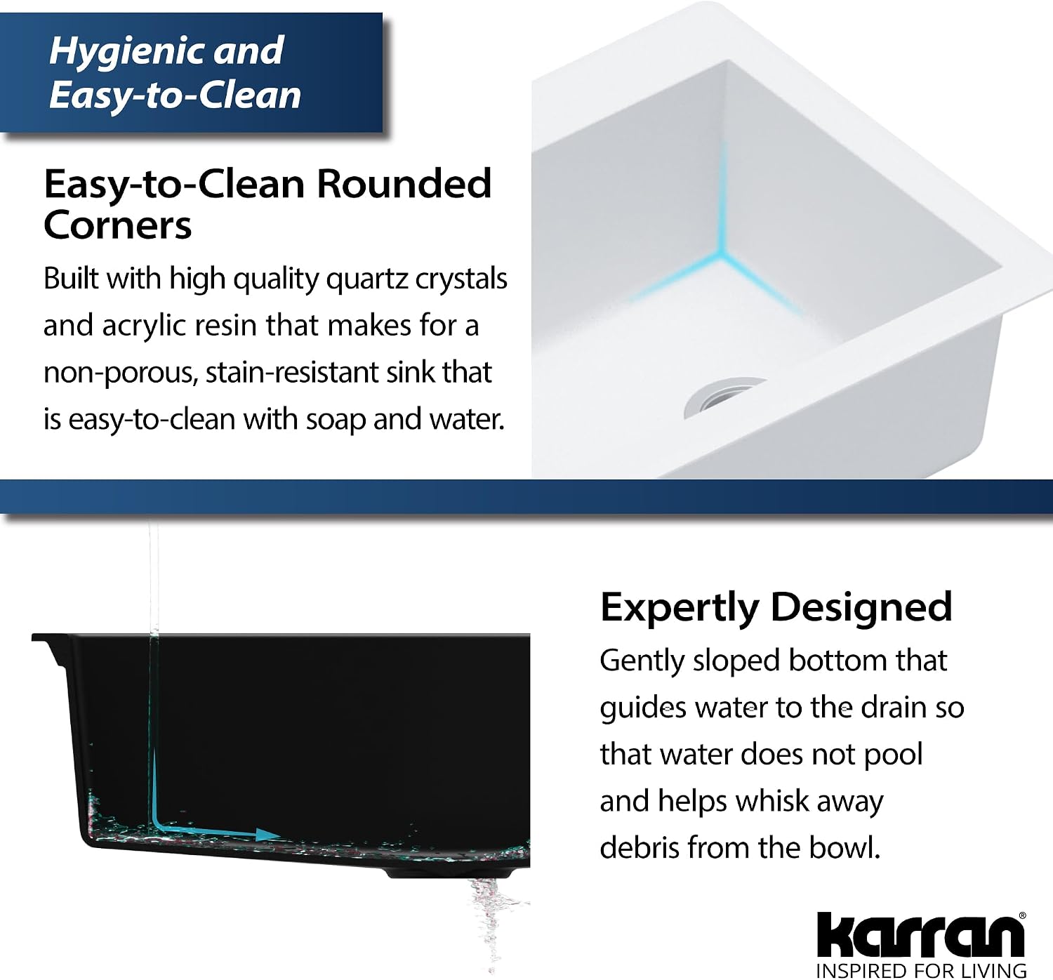 Karran QT-670 Drop-In/Top Mount 33' Single Bowl Granite Quartz Composite Kitchen Sink in White – Right Side Drain, Extra Deep 9' Basin, Heat & Scratch Resistant, Sound Dampening