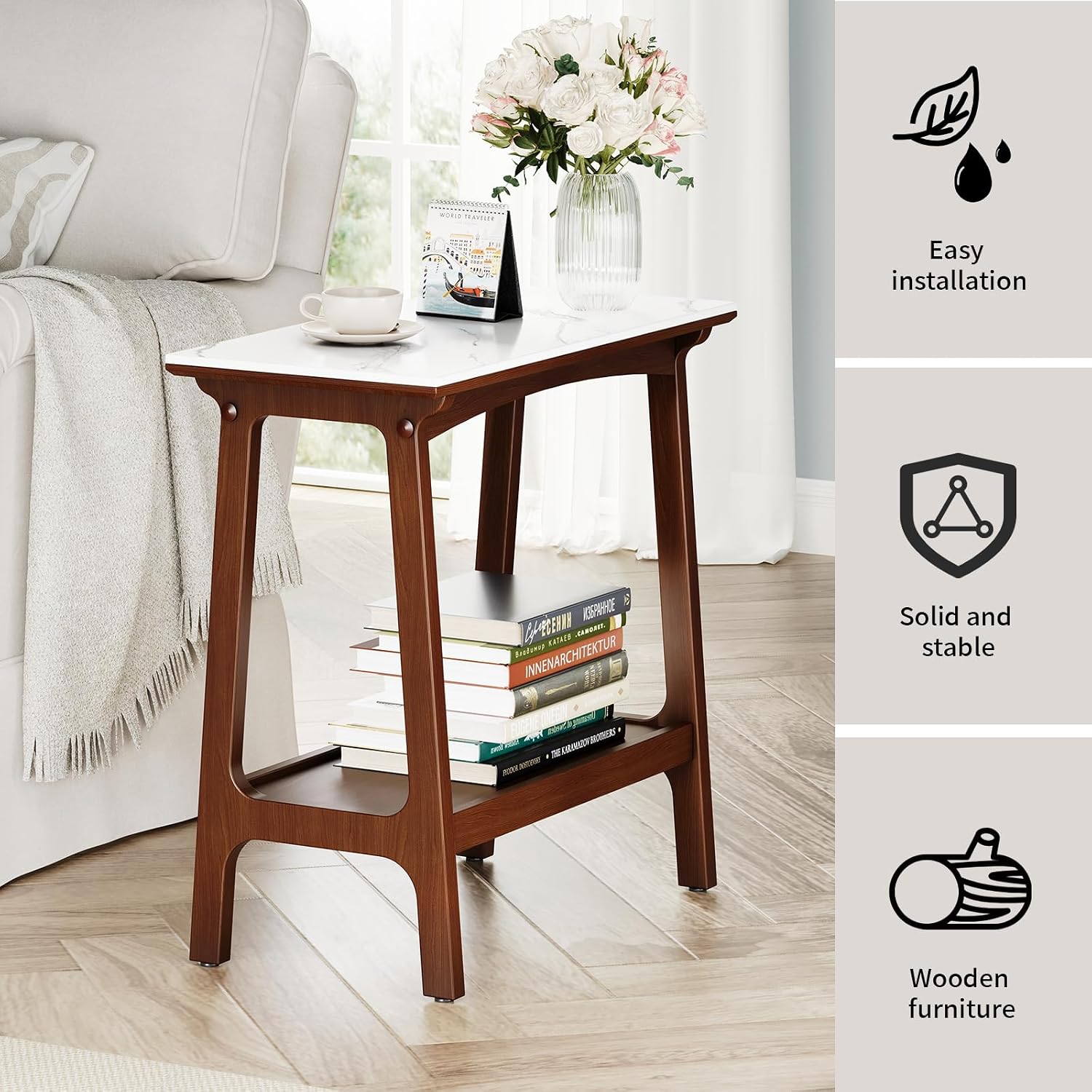 Narrow Side Table with Storage Shelf, Small End Tables Living Room, Mid Century Modern Wood End Table Sofa Table for Small Space (Retro Brown)