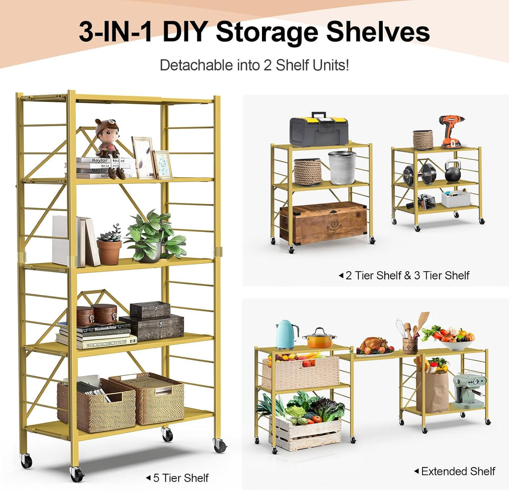 5 Tier Foldable Storage Shelves, Expandable Folding Shelving Units with Wheels, Changeable into 2 Shelf Units, Collapsible Adjustable Storage Rack Metal Shelves for Storage, Pantry, Garage, Gold