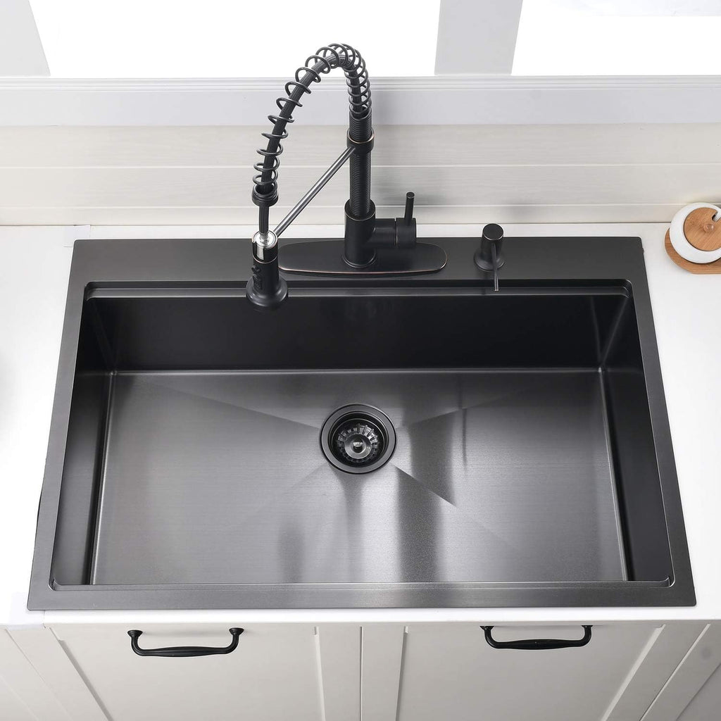 28 Inch Black Drop In Kitchen Sink - VOKIM 28x22-Inch Drop In sink Workstation 16 Gauge Stainless Steel 10'' Deep Single Bowl Handmade Kitchen Sink with Cutting Board & Strainer