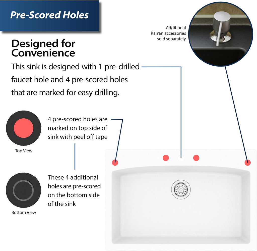 Karran QT-712 33 Inch Drop-In Quartz Composite Single Bowl Kitchen Sink, Top Mount, 1-Hole, Heat & Scratch Resistant, Easy Clean, White