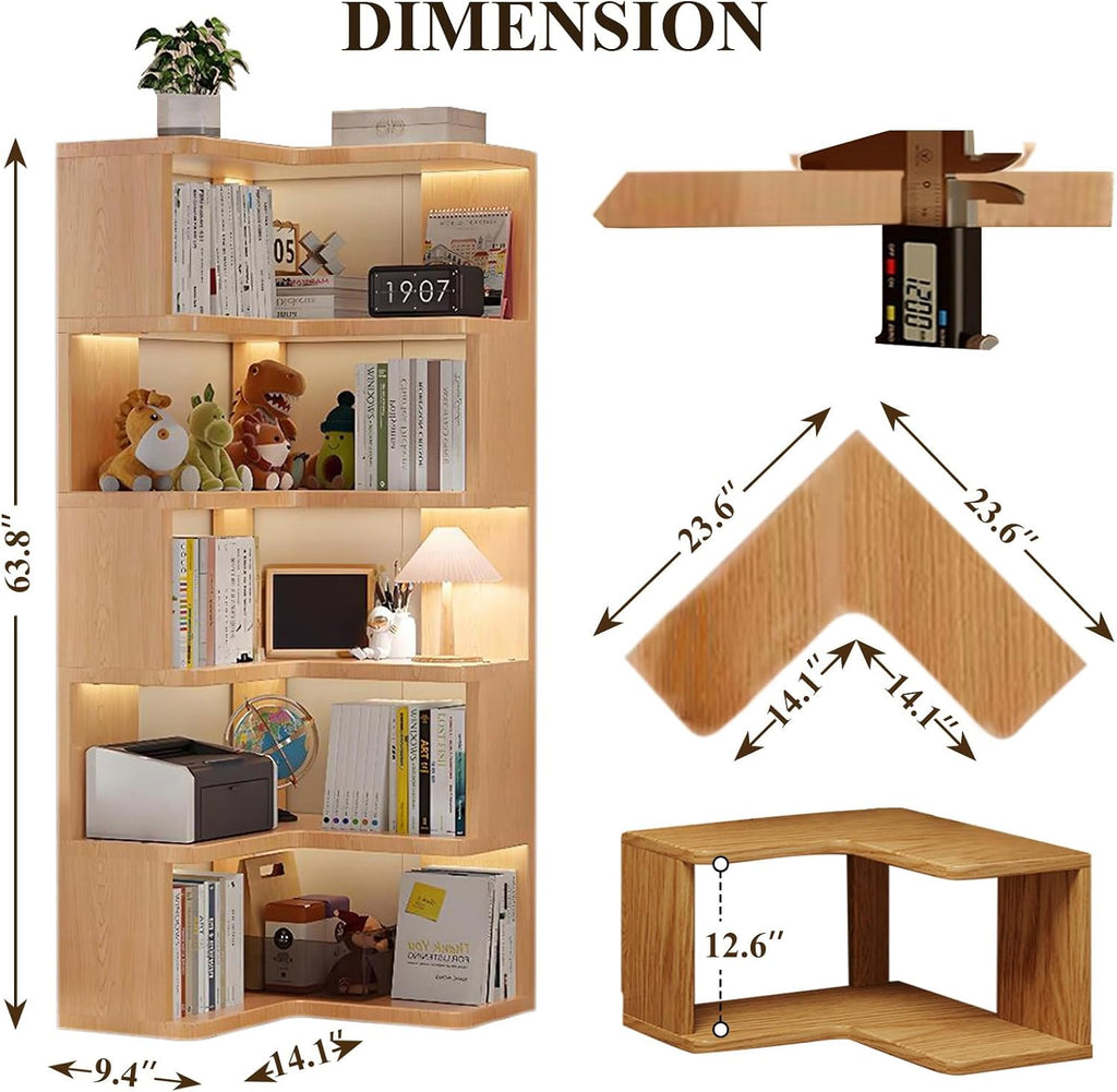 5-Tier L-Shaped Bookshelf, Wooden Tall Corner Shelf with Open Shelf Units, Decorative Display Storage Shelves for Living Room Bedroom Study Office, (Wood Grain)