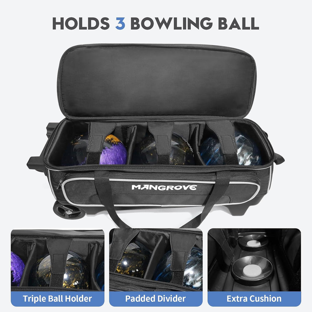 Mangrove 3 Ball Bowling Bag with Wheels & Shoe Compartment, Deluxe Bowling Ball Bag 3 Ball Roller, Rolling Triple-Ball Bag w/Accessory Pocket & Retractable Handle Extends to 40''