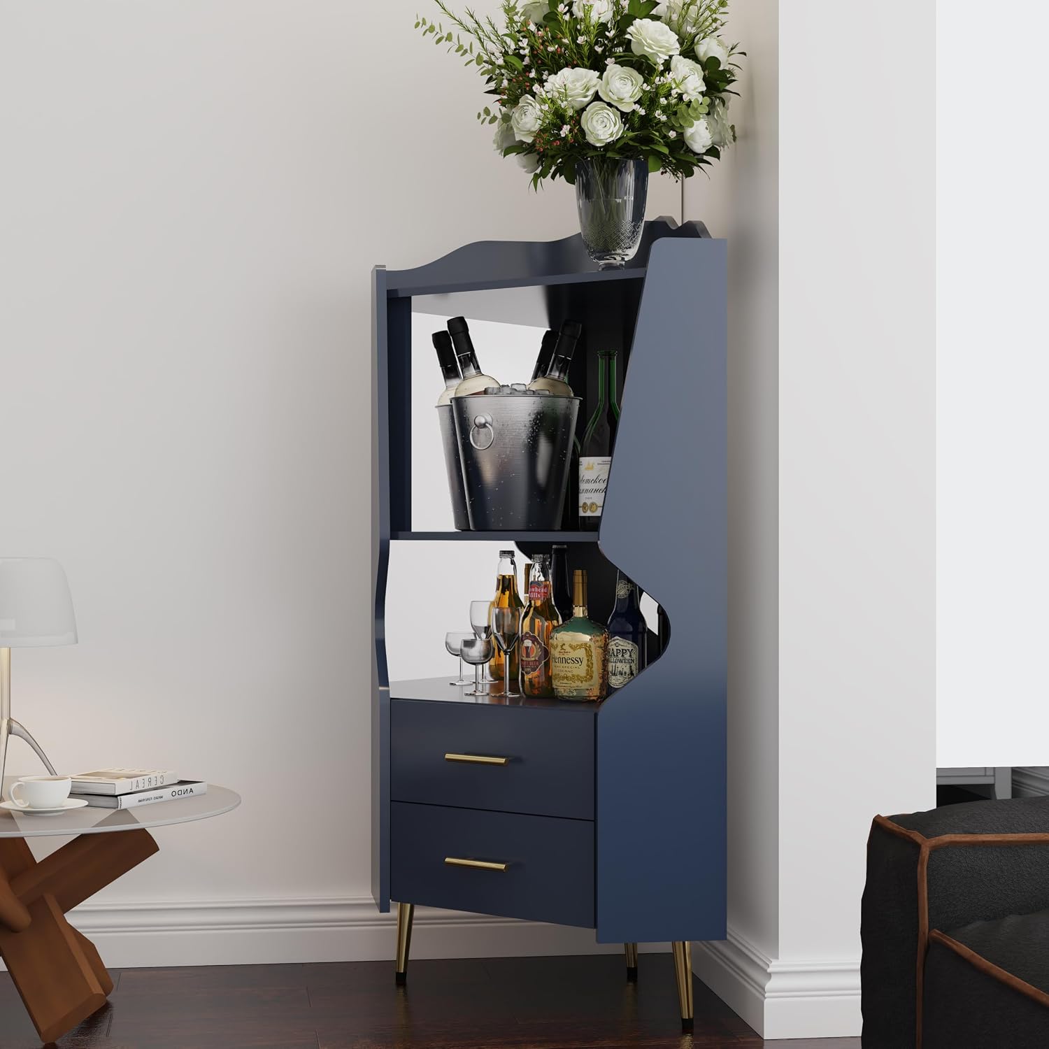 GDFStudio Wooden Corner Shelf Cabinet, Mirrored Back Coffee Bar Cabinets with Drawers & Open Storage, High Feet Corner Wine Rack Liquor Stand Kitchen Storage Cabinet for Living Room Dining Room, Blue