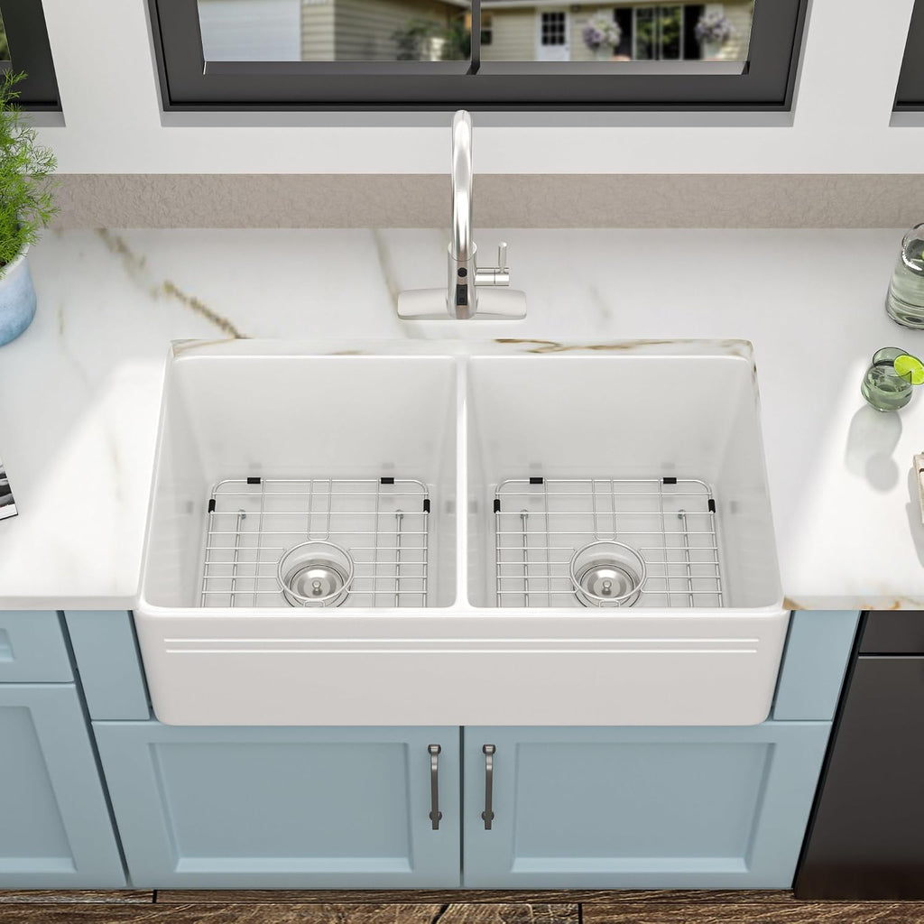 33 White Farm Sink Double Bowl - Fulorni 33'×18' Farmhouse Kitchen Sink Reversible Apron Front Double Bowl 50/50 Ceramic Porcelain Fireclay Farmer Style Basin