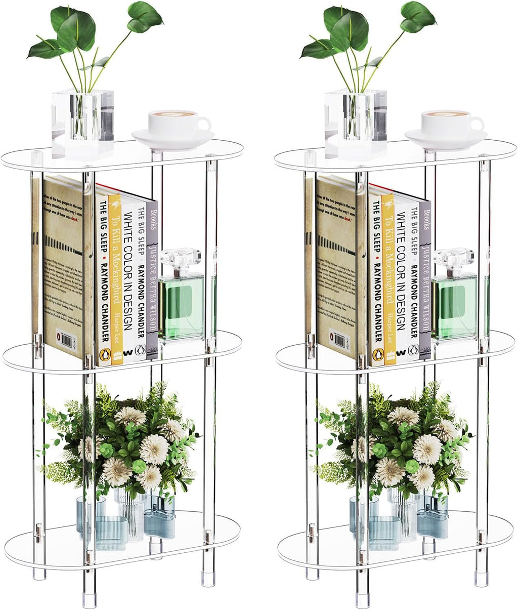 Clear Acrylic Narrow Side Table Set of 2 for Small Spaces, 15.75' L x 7.87' W x 26.7' H, 3 Tier Oval Slim End Table Nightstand, Small Minimalist Skinny Bedside Table for Bedroom, Living Room