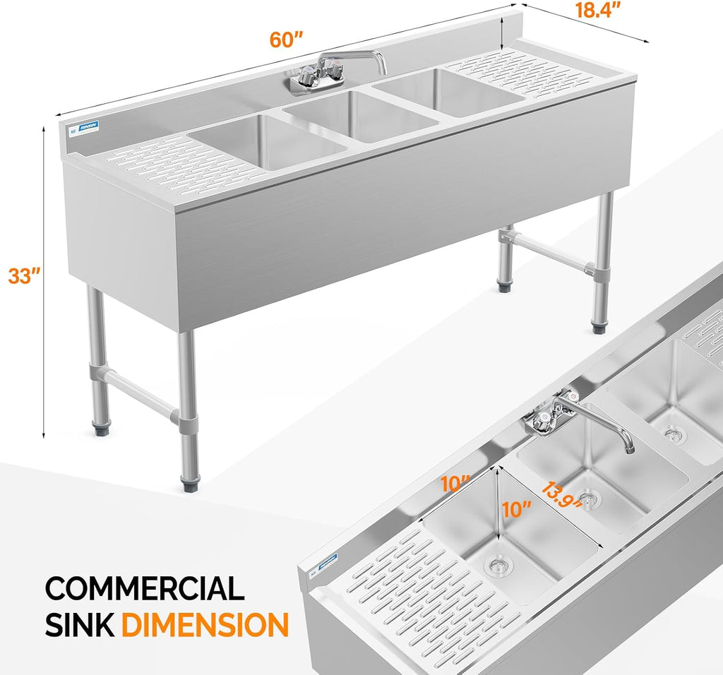 ROVSUN NSF 3 Compartments Bar Sink, Commercial Stainless Steel Underbar Sink with Double Drainboard, Freestaning Large for Kitchen, Bar, Laundry, Garage Use, 60 L x 33 W x 18.4 H