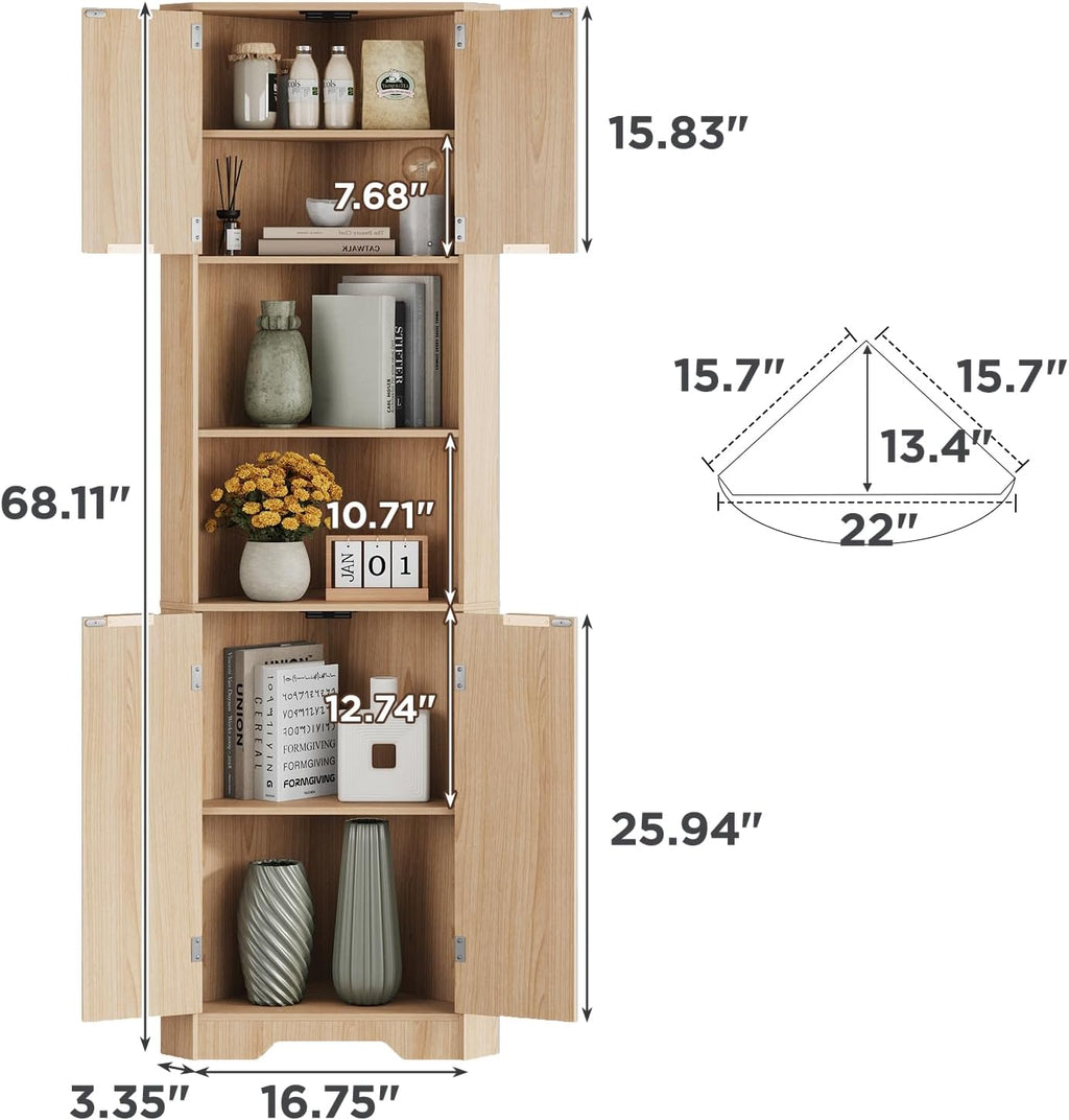 Fameill Tall Corner Cabinet with 2 Doors and 2 Open Storage Shelves, 68' Corner Storage Cabinet with Fluted Door Design, Home Space Saver for Living Room, Bathroom, Kitchen, Laundry, Natural Oak Color