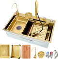Gold Stainless Steel Single Bowl Kitchen Sink With Drainer, Drop In/Undermount Large Workstation Sink, Includes Pull Out Faucet, Cup Washer, Basin, Drain Basket, Full Waste Kit(Gold,80x45x22cm)