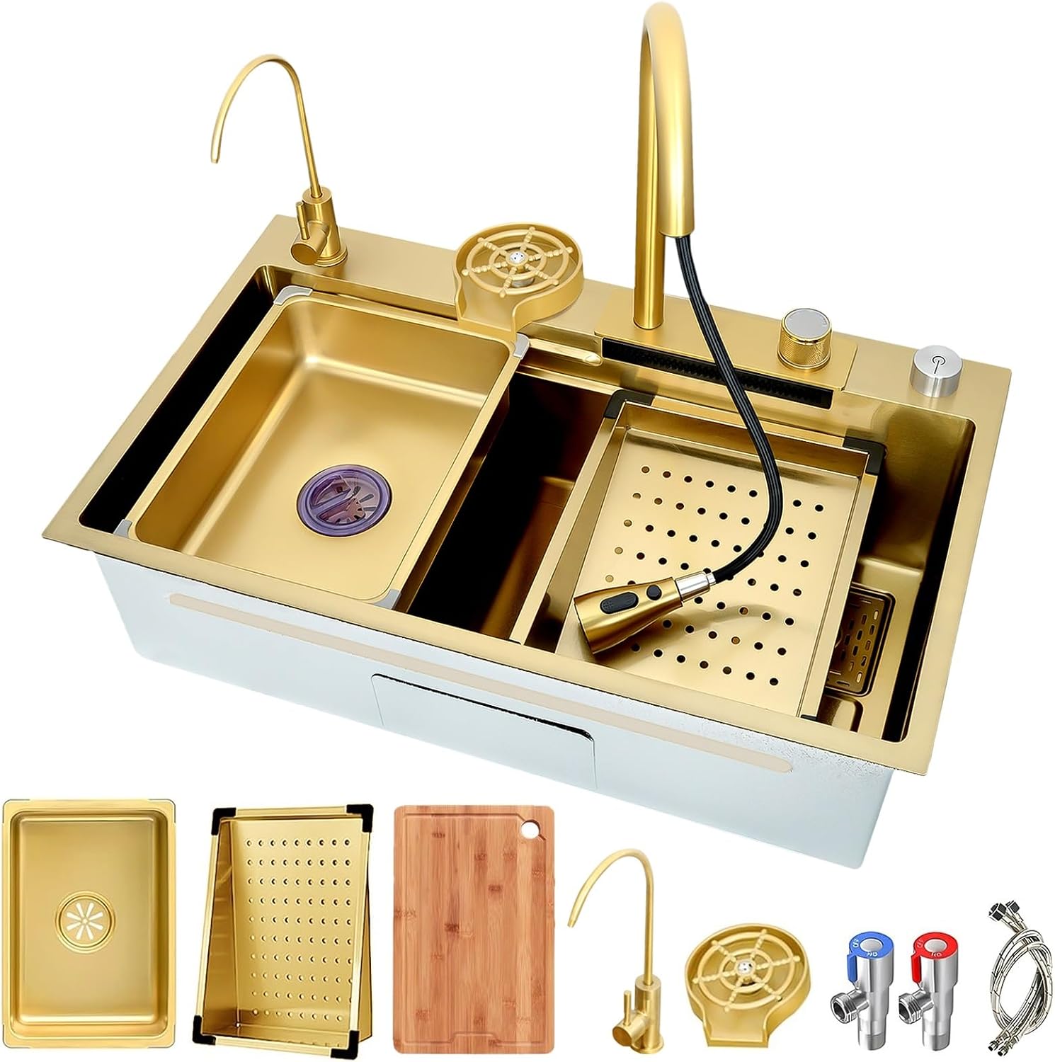 Gold Stainless Steel Single Bowl Kitchen Sink With Drainer, Drop In/Undermount Large Workstation Sink, Includes Pull Out Faucet, Cup Washer, Basin, Drain Basket, Full Waste Kit(Gold,80x45x22cm)