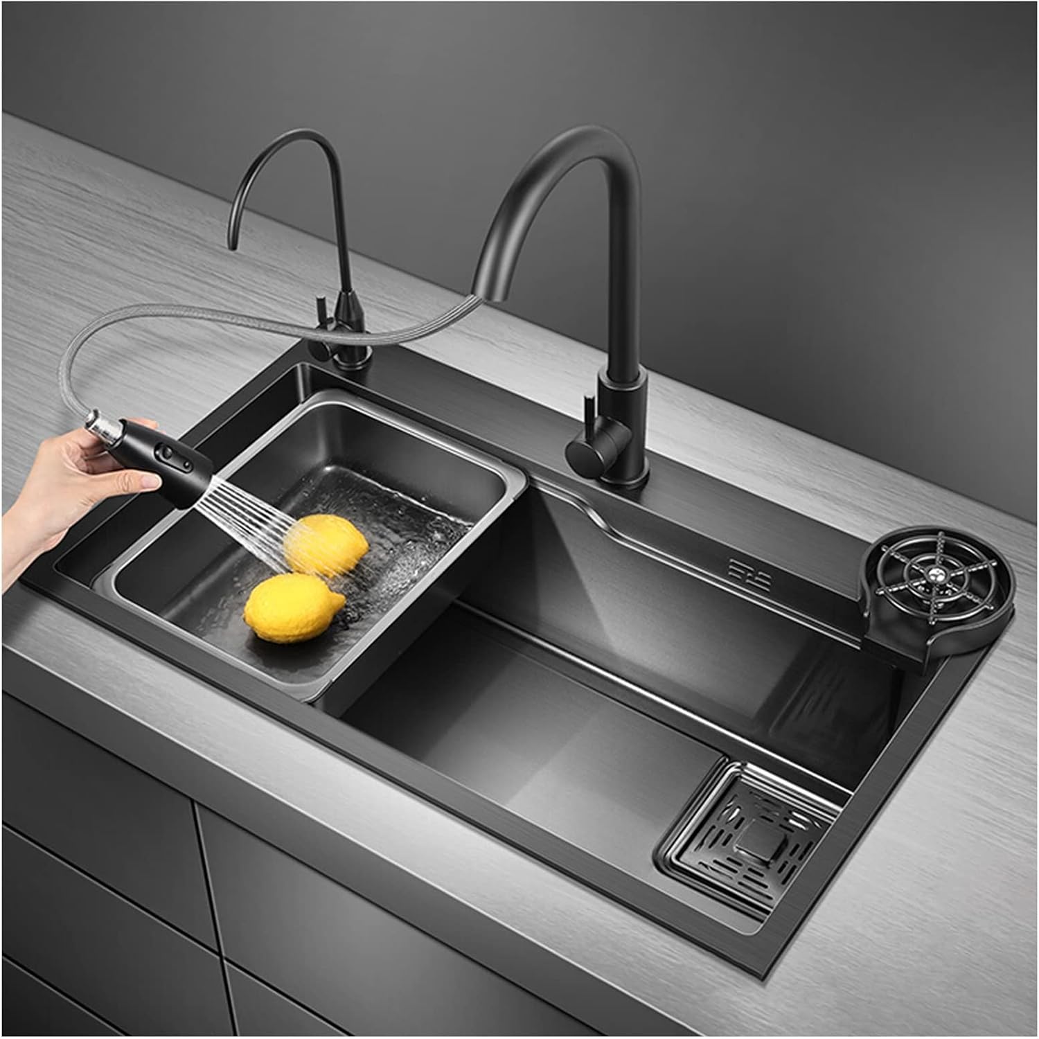 304 Stainless Steel Kitchen Sink Multi-functional Ladder Type Bar Sink Single Bowl RV Sink with Pull-Out Faucet and Cup Washer Drop-in Or Under Mount (Color : Black, Size : 75x45x20cm) (Black 68x4