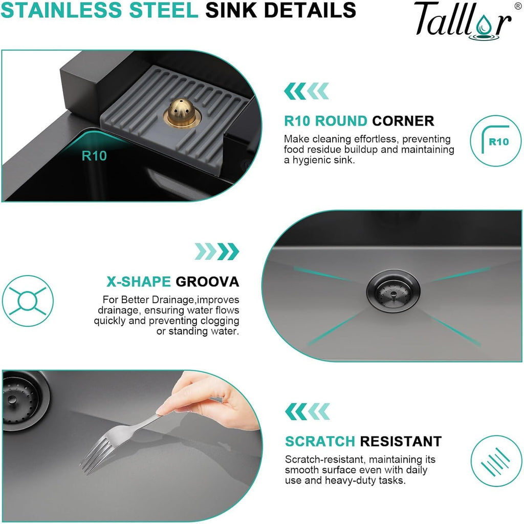 Smart Waterfall Kitchen Sink 30 Inch, Gunmetal Black Drop In 16 Gauge Stainless Steel Single Bowl Workstation Sink with Pull-Down Faucet, Cup Washer & Multi-Function Spray#TLWF-0004