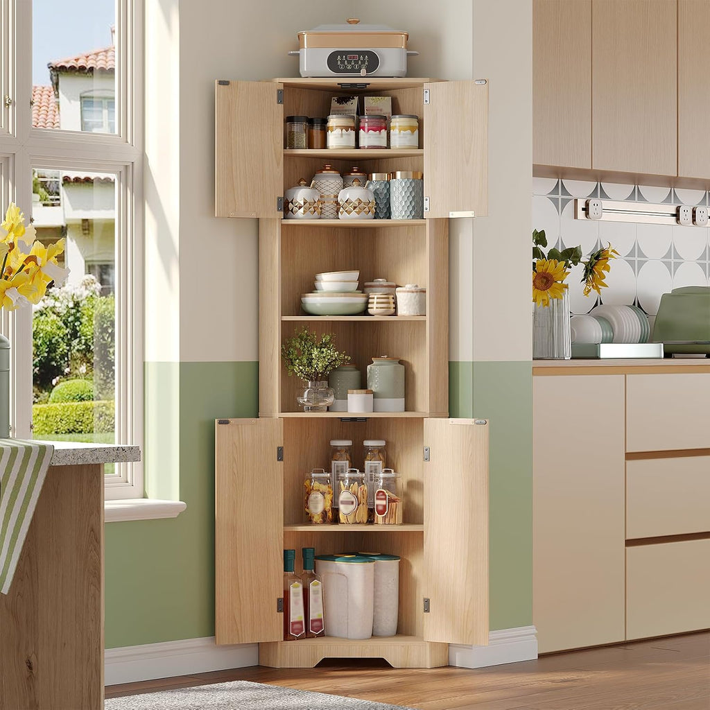 Fameill Tall Corner Cabinet with 2 Doors and 2 Open Storage Shelves, 68' Corner Storage Cabinet with Fluted Door Design, Home Space Saver for Living Room, Bathroom, Kitchen, Laundry, Natural Oak Color