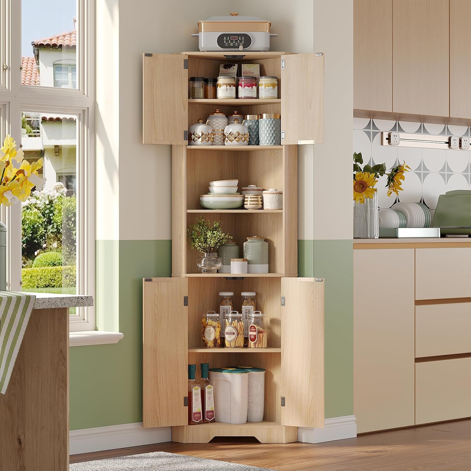 Fameill Tall Corner Cabinet with 2 Doors and 2 Open Storage Shelves, 68' Corner Storage Cabinet with Fluted Door Design, Home Space Saver for Living Room, Bathroom, Kitchen, Laundry, Natural Oak Color