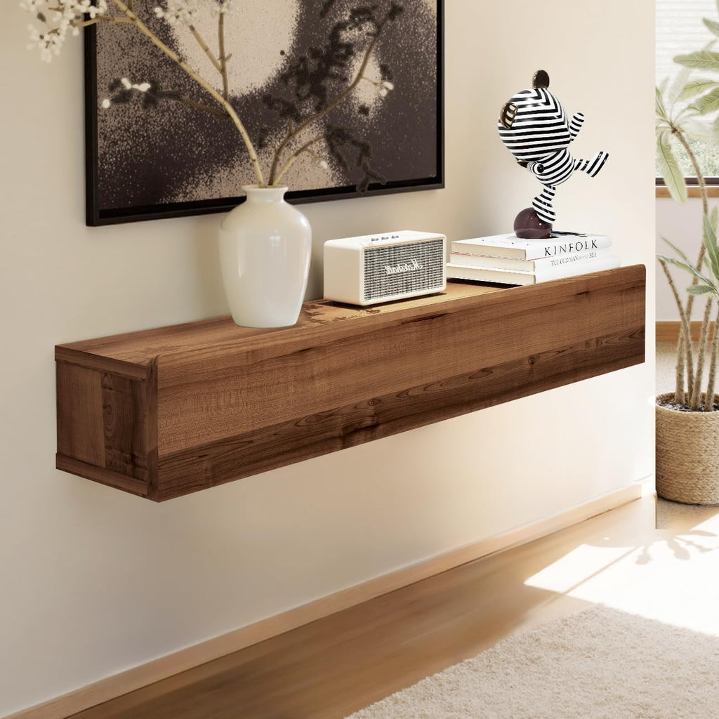 Floating Solid Wood Console Table, 47'' Wall Mounted Narrow Entryway Table with Storage Shelf, Modern Couch Shelves Small Entry Way Tables for Entryway, Front Hall, Hallway (Walnut, 47.24IN)