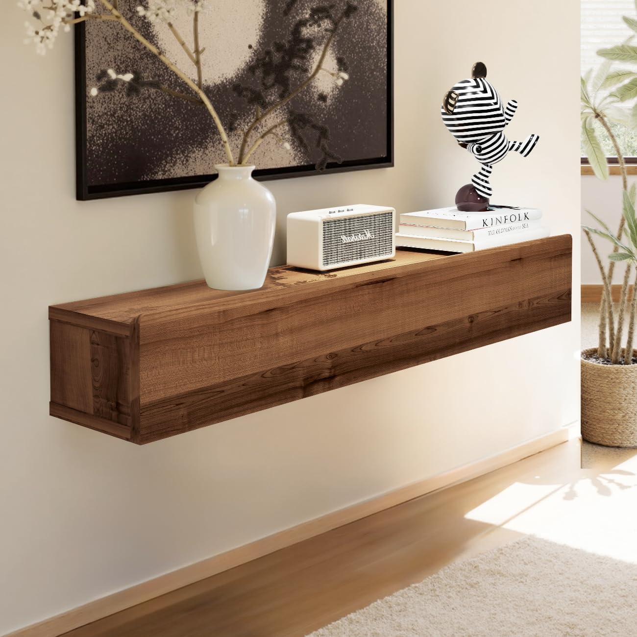Floating Solid Wood Console Table, 47'' Wall Mounted Narrow Entryway Table with Storage Shelf, Modern Couch Shelves Small Entry Way Tables for Entryway, Front Hall, Hallway (Walnut, 47.24IN)