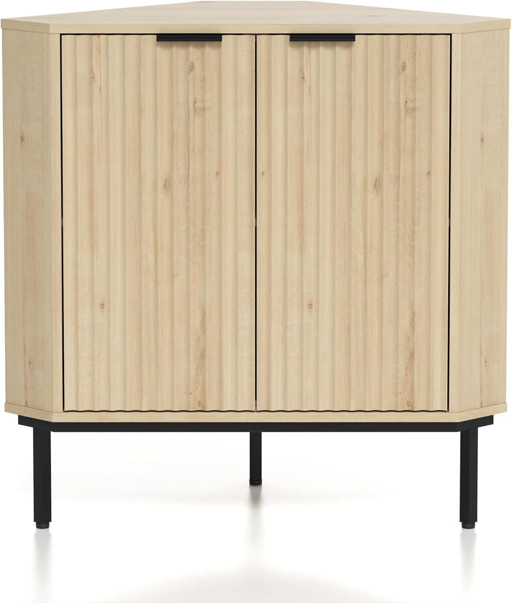 Modern Corner Cabinet, Fluted Wood Floor Storage Cabinet with Adjustable Shelf, Freestanding Narrow Organizer for Living Room Kitchen, Light Oak