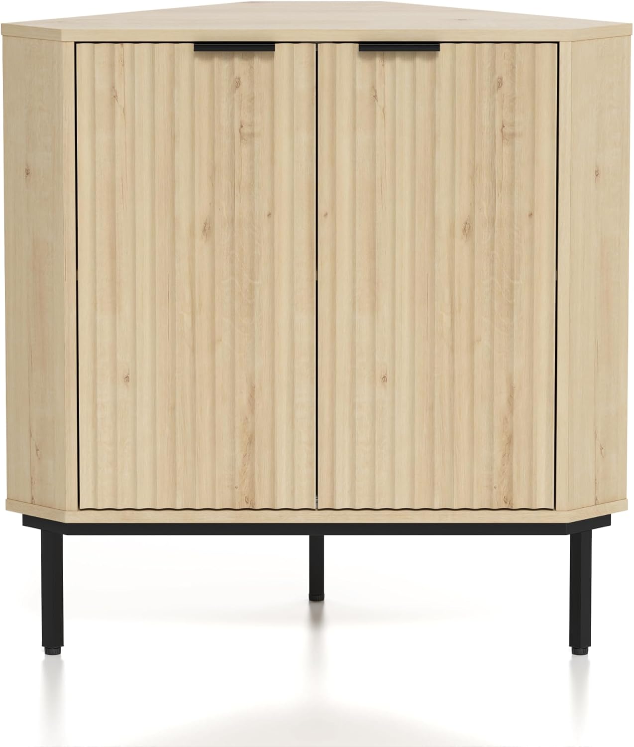 Modern Corner Cabinet, Fluted Wood Floor Storage Cabinet with Adjustable Shelf, Freestanding Narrow Organizer for Living Room Kitchen, Light Oak